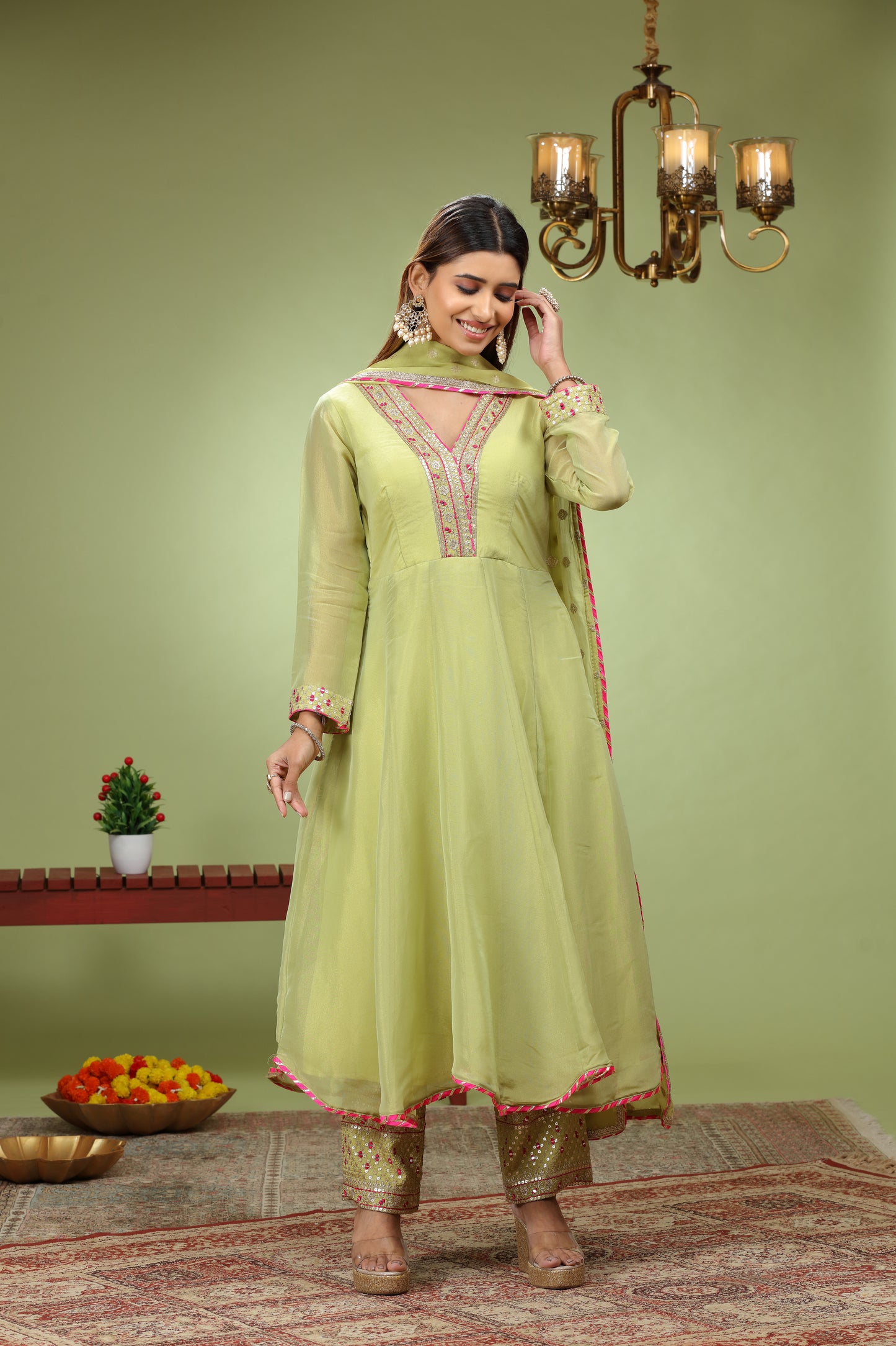 Lime Green Sequence work Anarkali Set