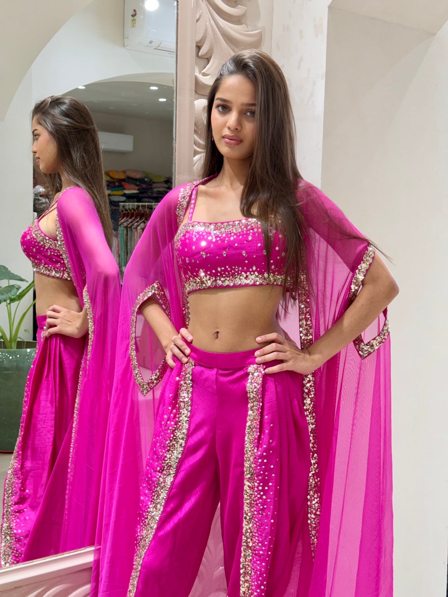 Magenta Mirror Work Cape Set with Draped Dhoti Pants