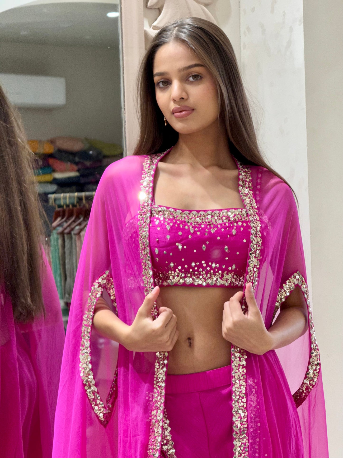 Magenta Mirror Work Cape Set with Draped Dhoti Pants