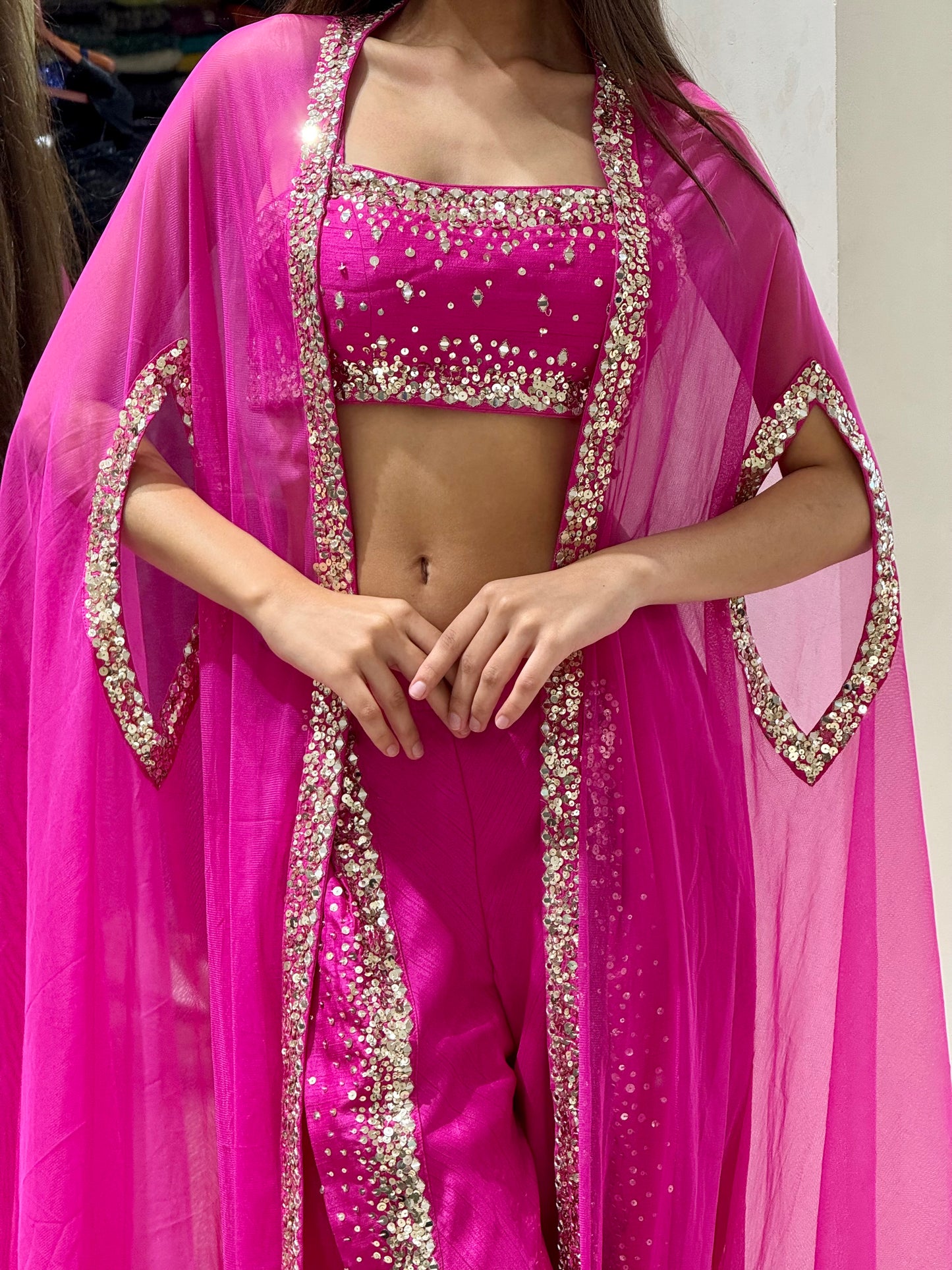 Magenta Mirror Work Cape Set with Draped Dhoti Pants