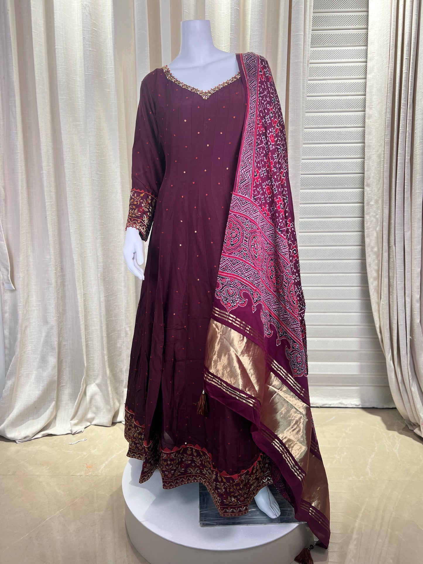 Maroon Anarkali Suit with Embroidered Borders & Bandhani Dupatta