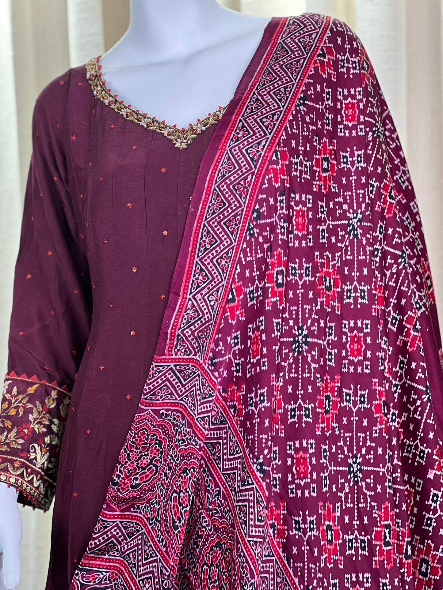 Maroon Anarkali Suit with Embroidered Borders & Bandhani Dupatta