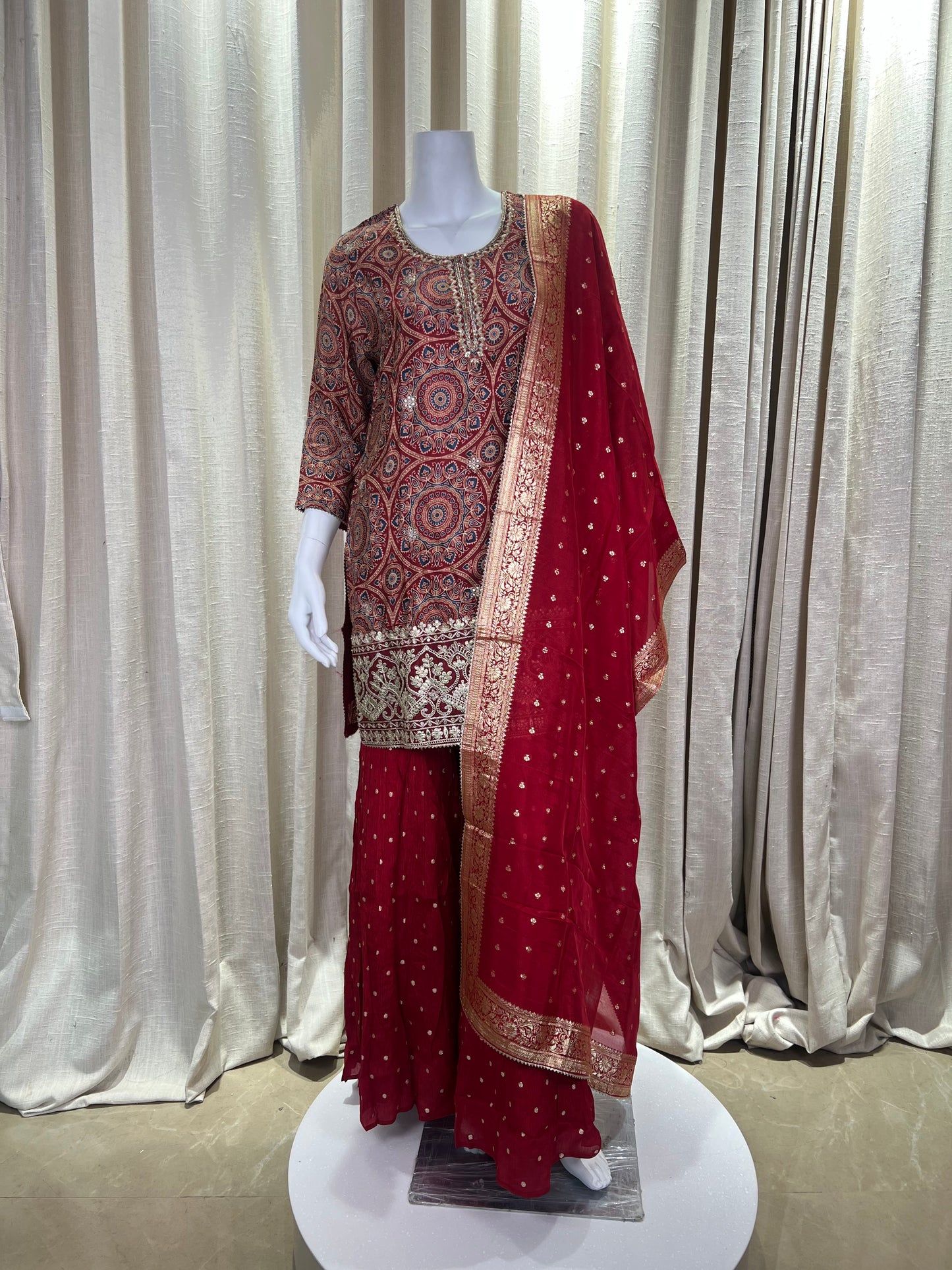 Maroon Bandhani Sharara Suit with Mirror & Zari Work