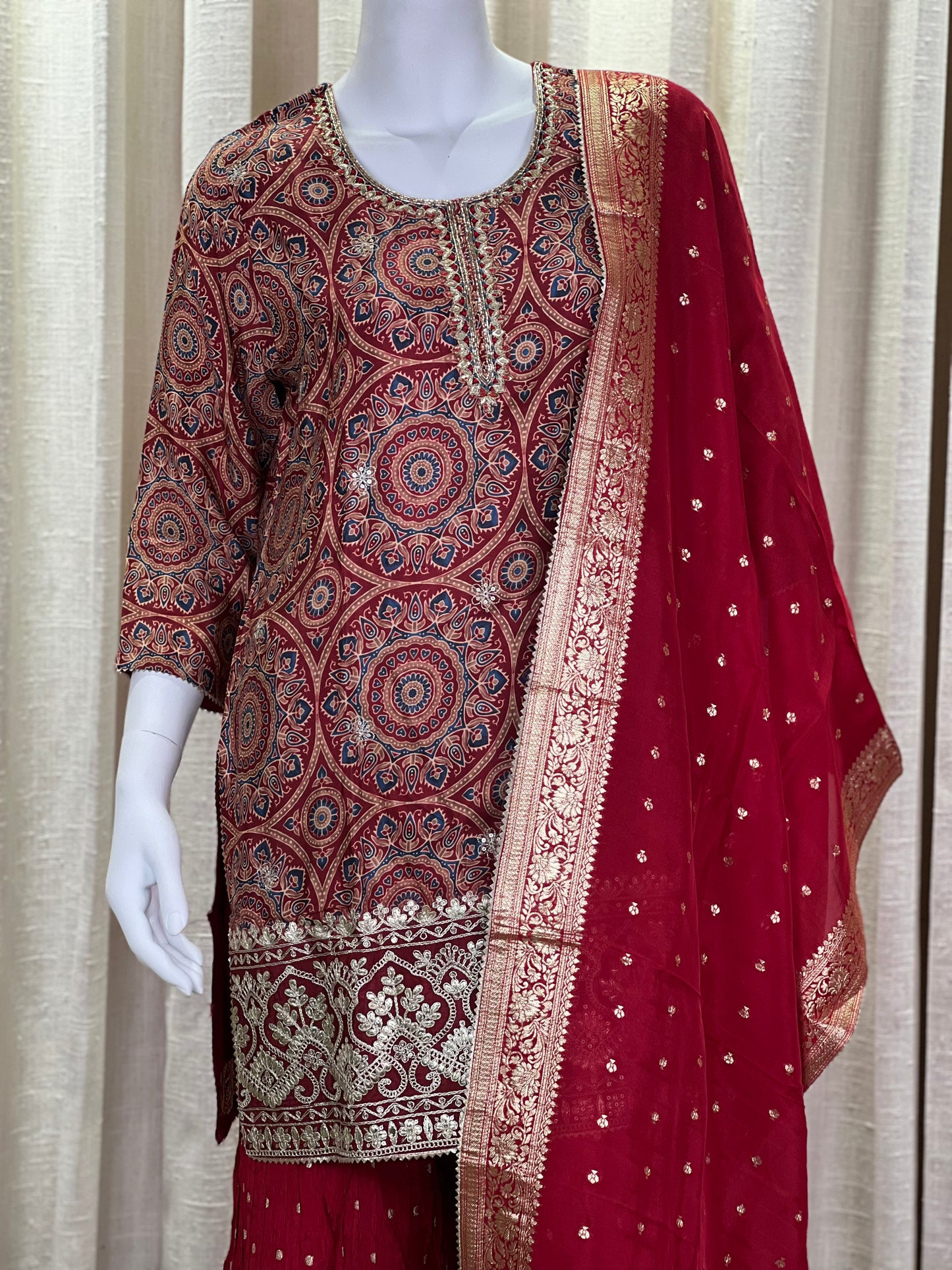 Maroon Bandhani Sharara Suit with Mirror & Zari Work