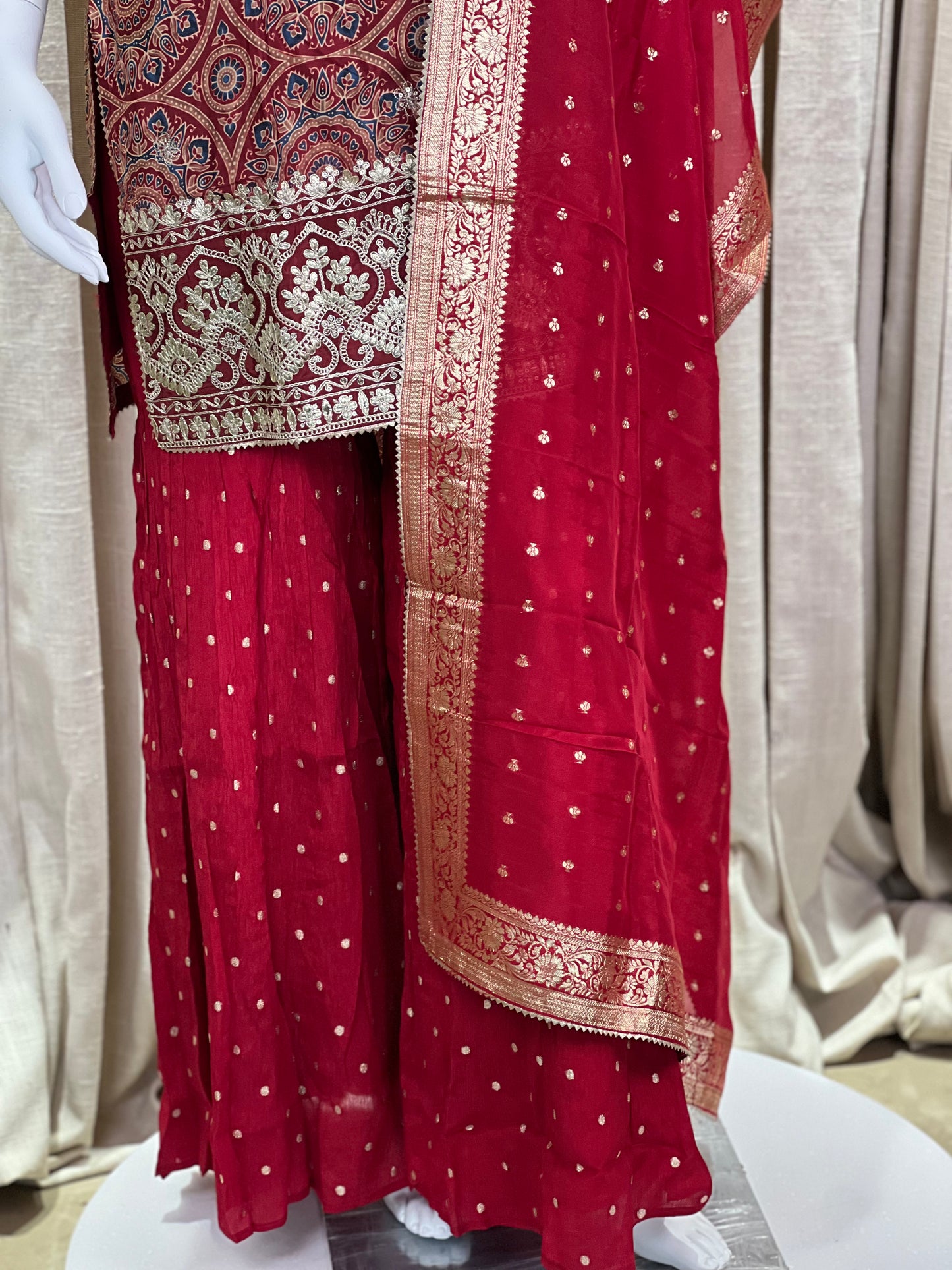 Maroon Bandhani Sharara Suit with Mirror & Zari Work