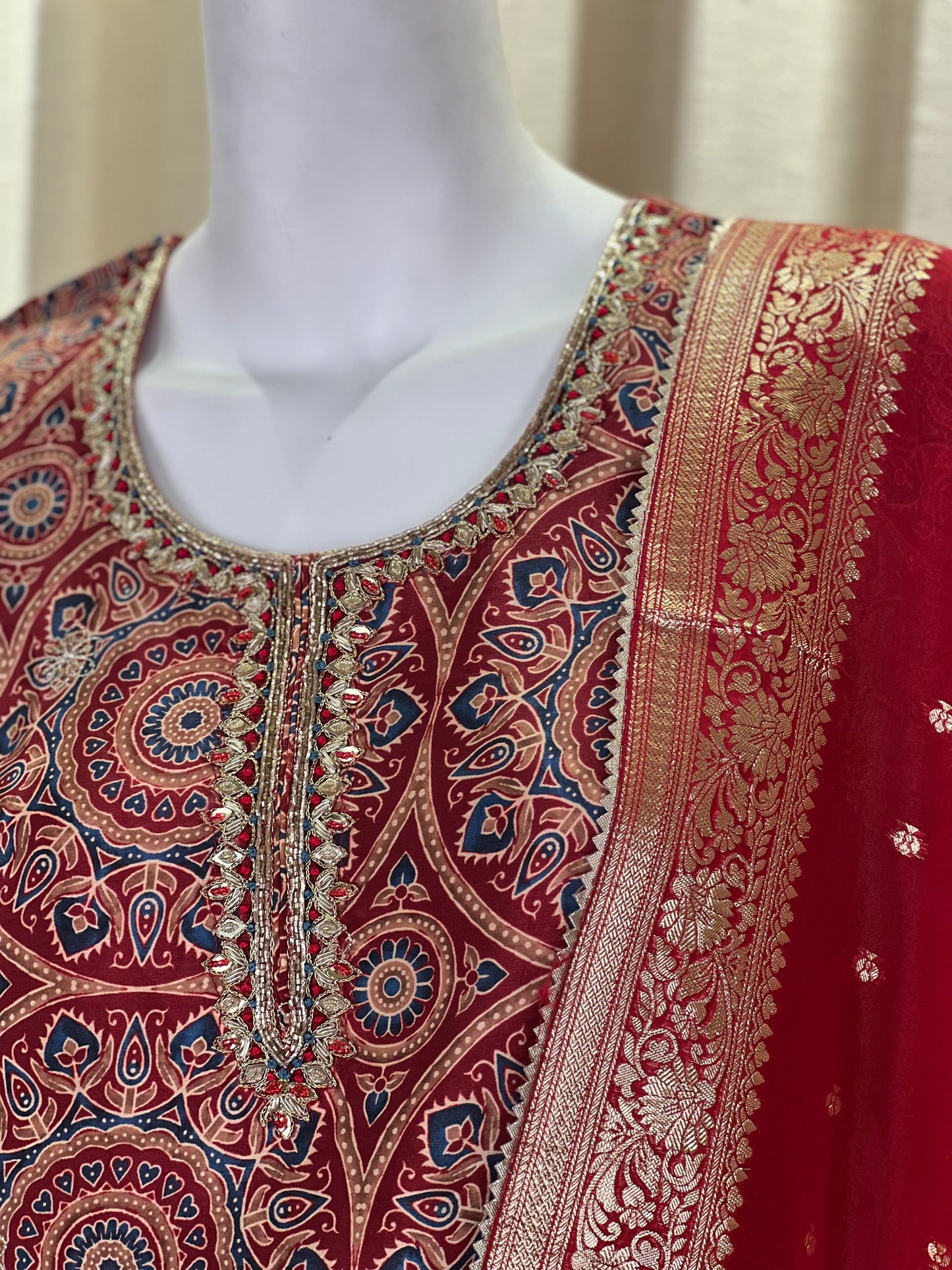 Maroon Bandhani Sharara Suit with Mirror & Zari Work