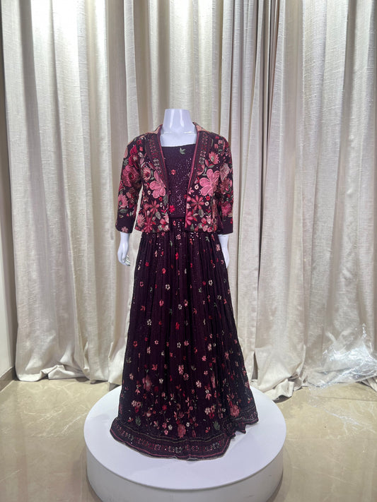 Maroon Embroidered Anarkali Gown with Floral Jacket