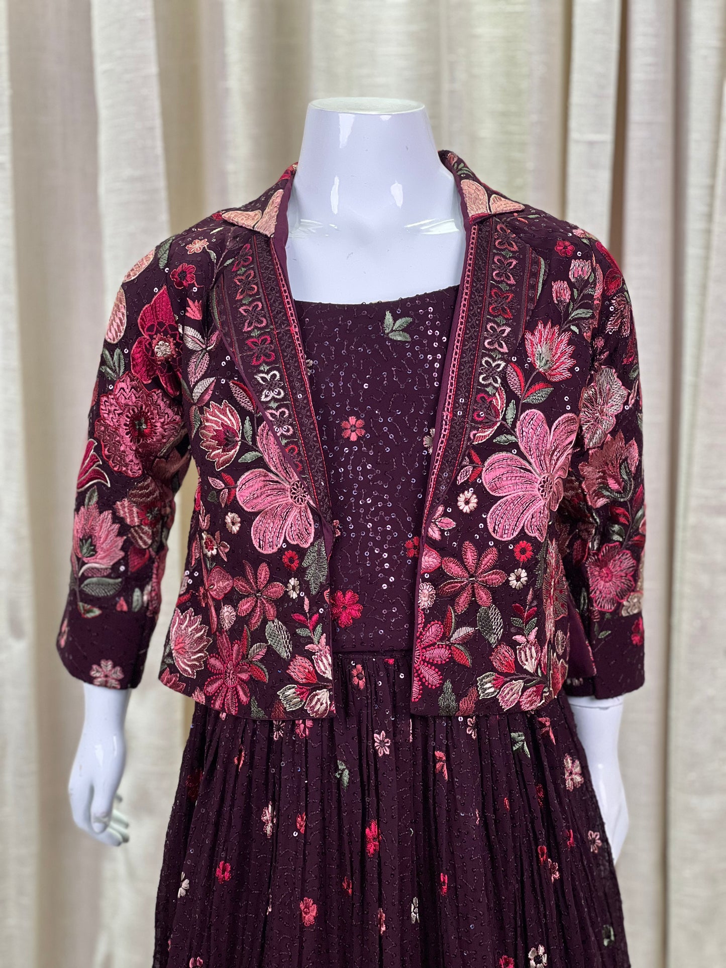 Maroon Embroidered Anarkali Gown with Floral Jacket