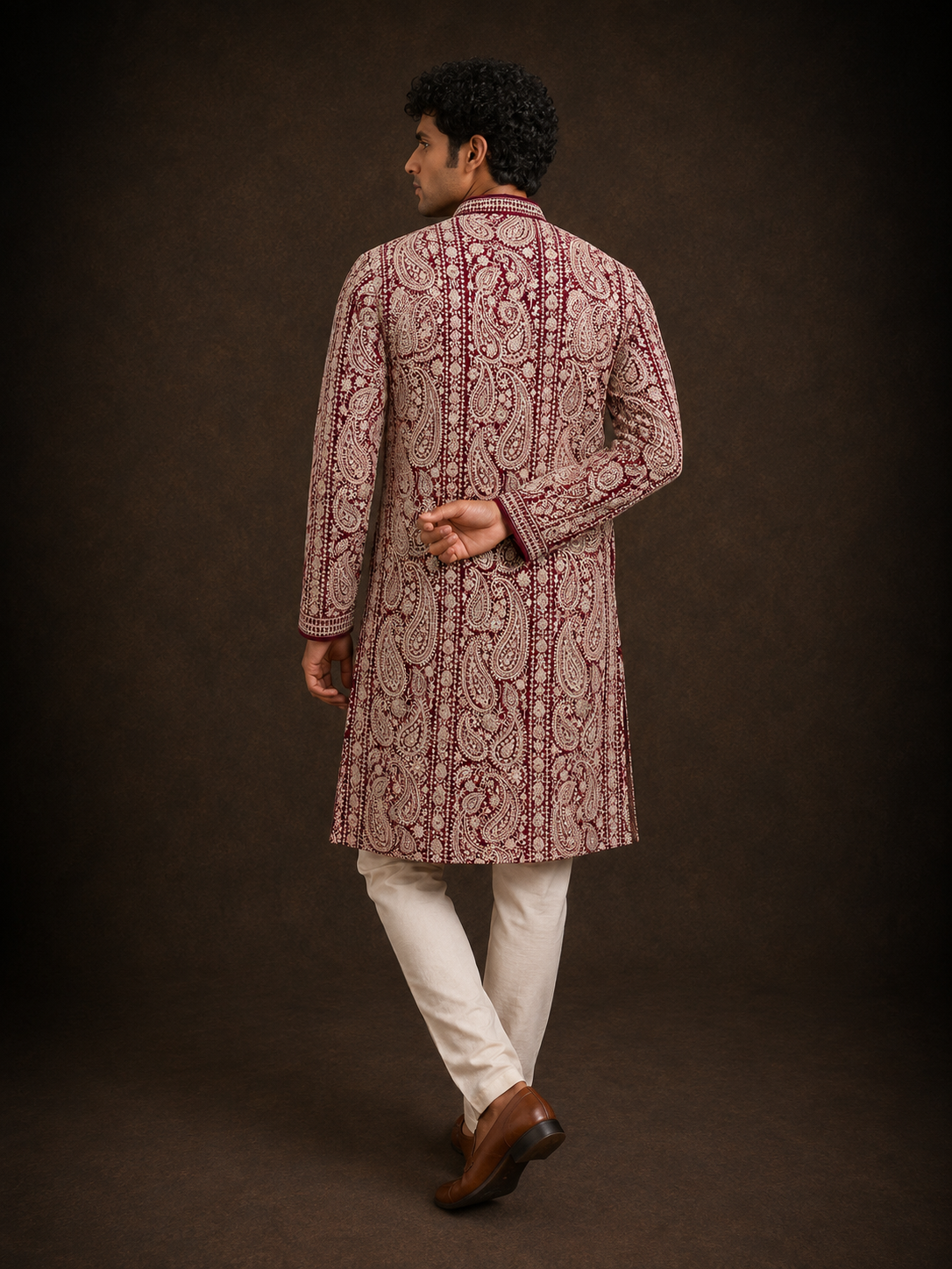 Maroon Paisley Embroidered Kurta Set with Off White Trousers