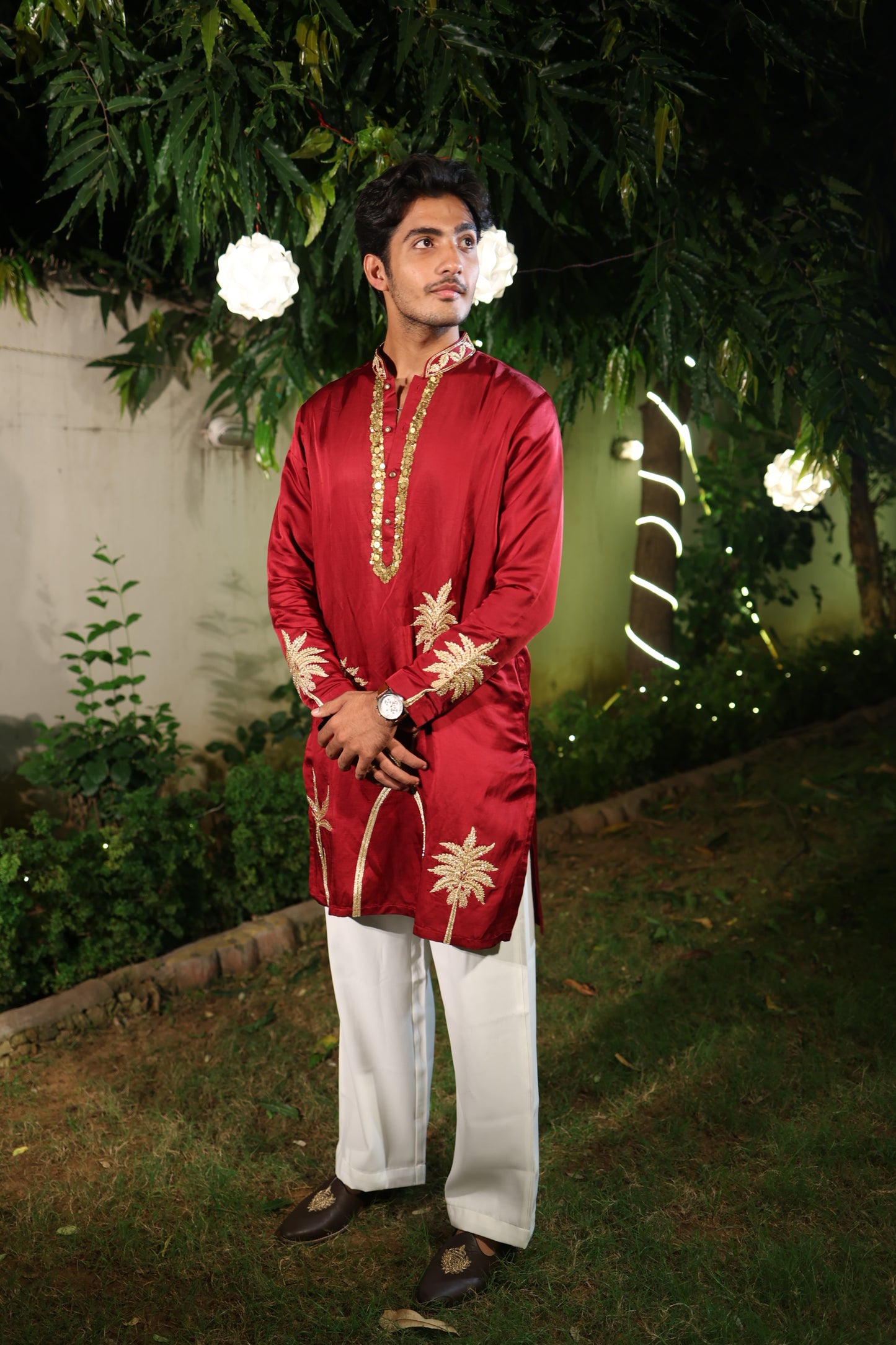 Maroon Silk Kurta with Golden Palm Embroidery and Sequin Detailing