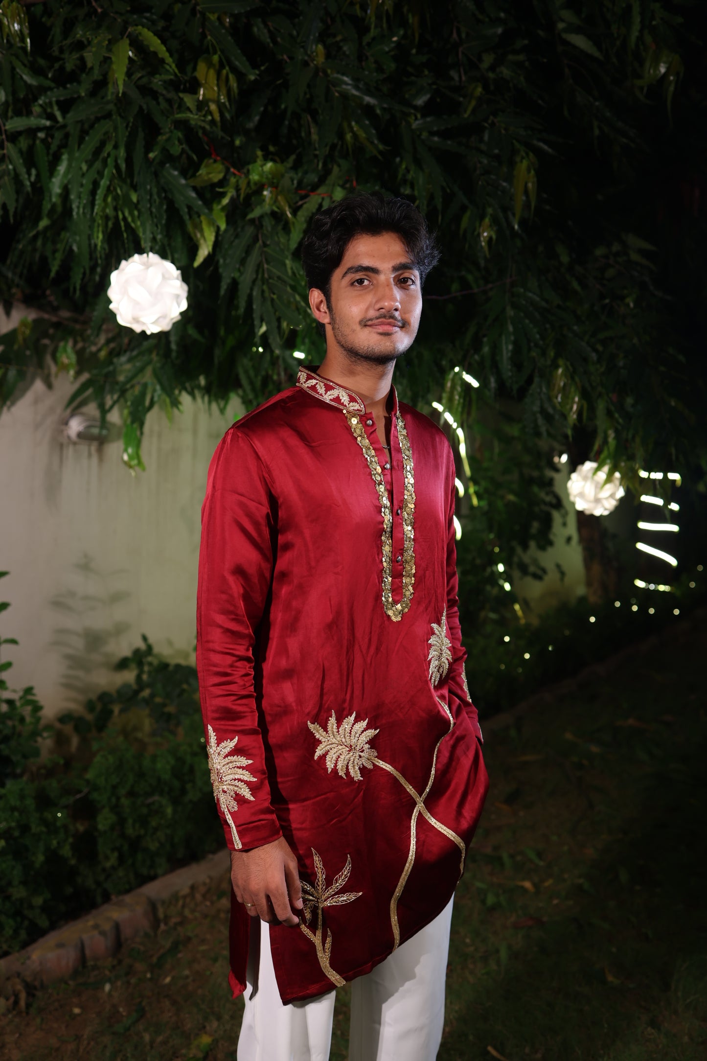 Maroon Silk Kurta with Golden Palm Embroidery and Sequin Detailing