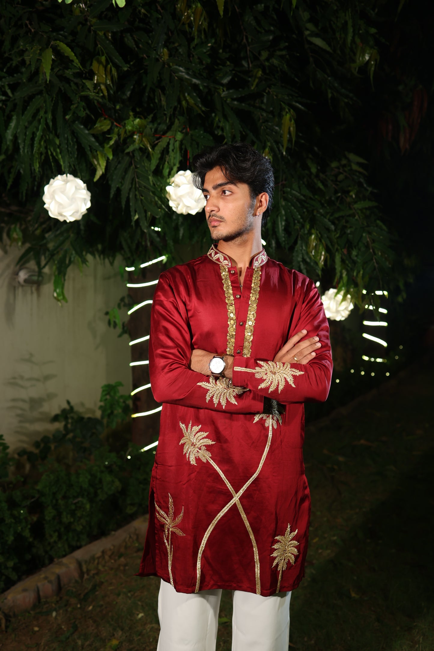 Maroon Silk Kurta with Golden Palm Embroidery and Sequin Detailing