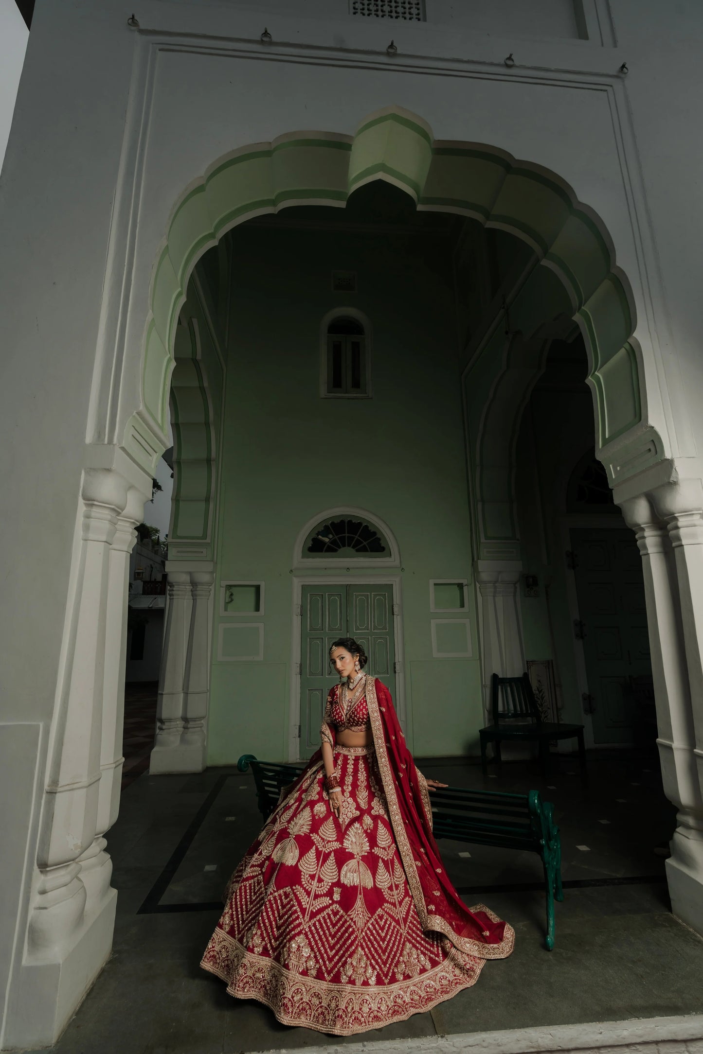 Maroon Silk Lehenga with Ornate Tree Motifs & Chevron Zardosi Embroidery