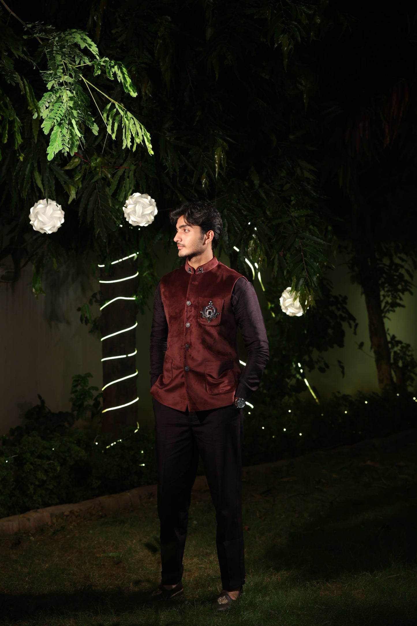 Maroon Velvet Nehru Jacket with Black Kurta Set