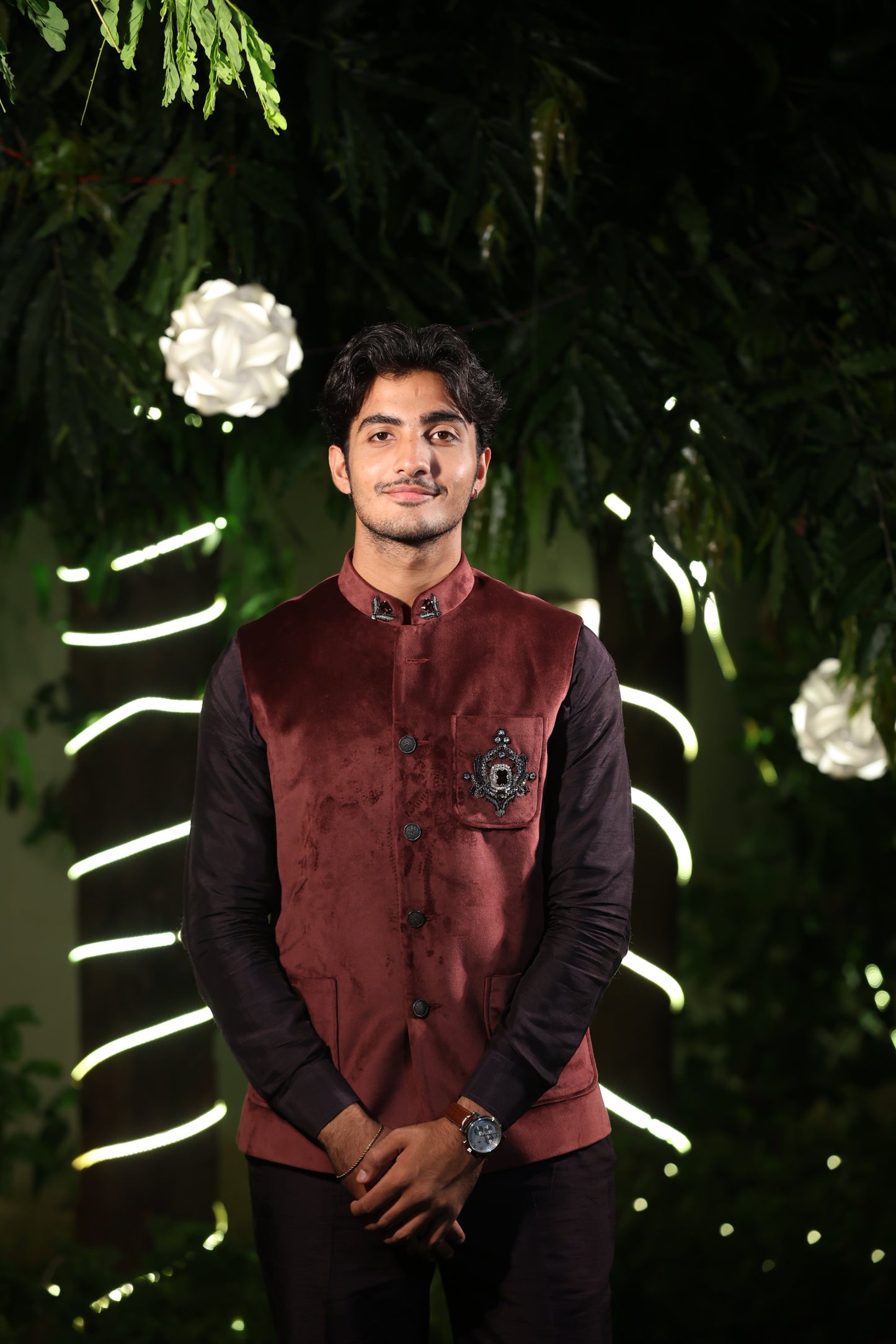 Maroon Velvet Nehru Jacket with Black Kurta Set