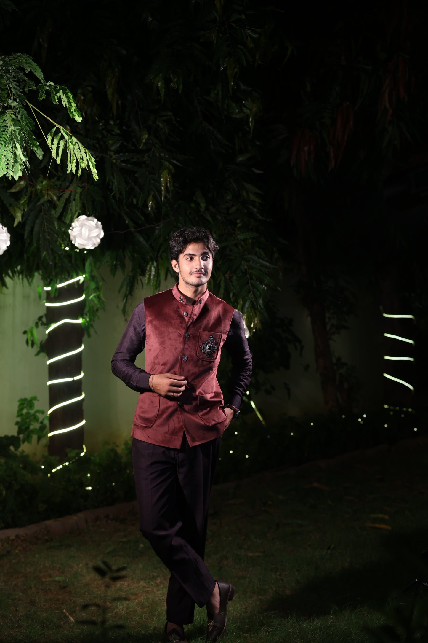 Maroon Velvet Nehru Jacket with Black Kurta Set