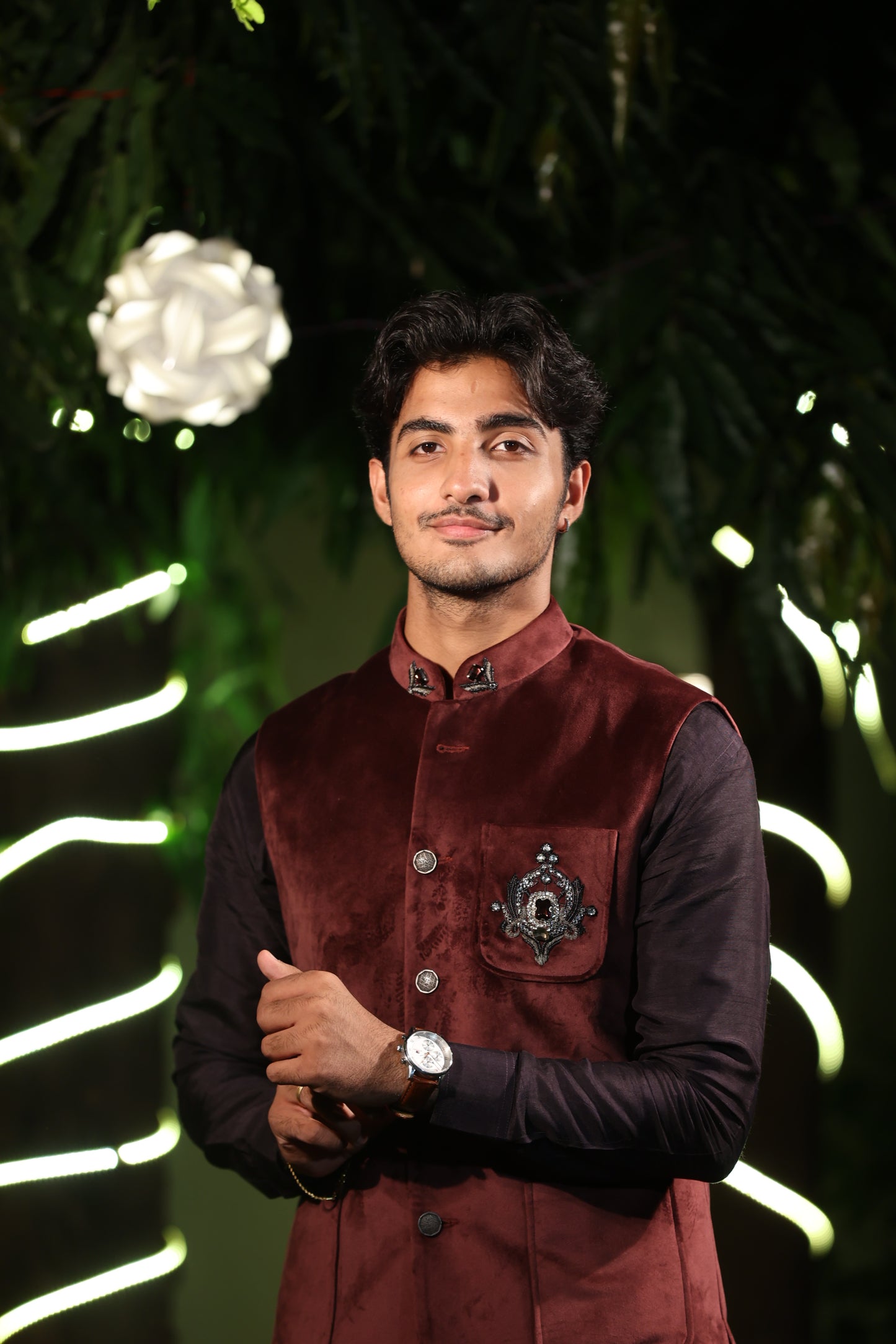 Maroon Velvet Nehru Jacket with Black Kurta Set