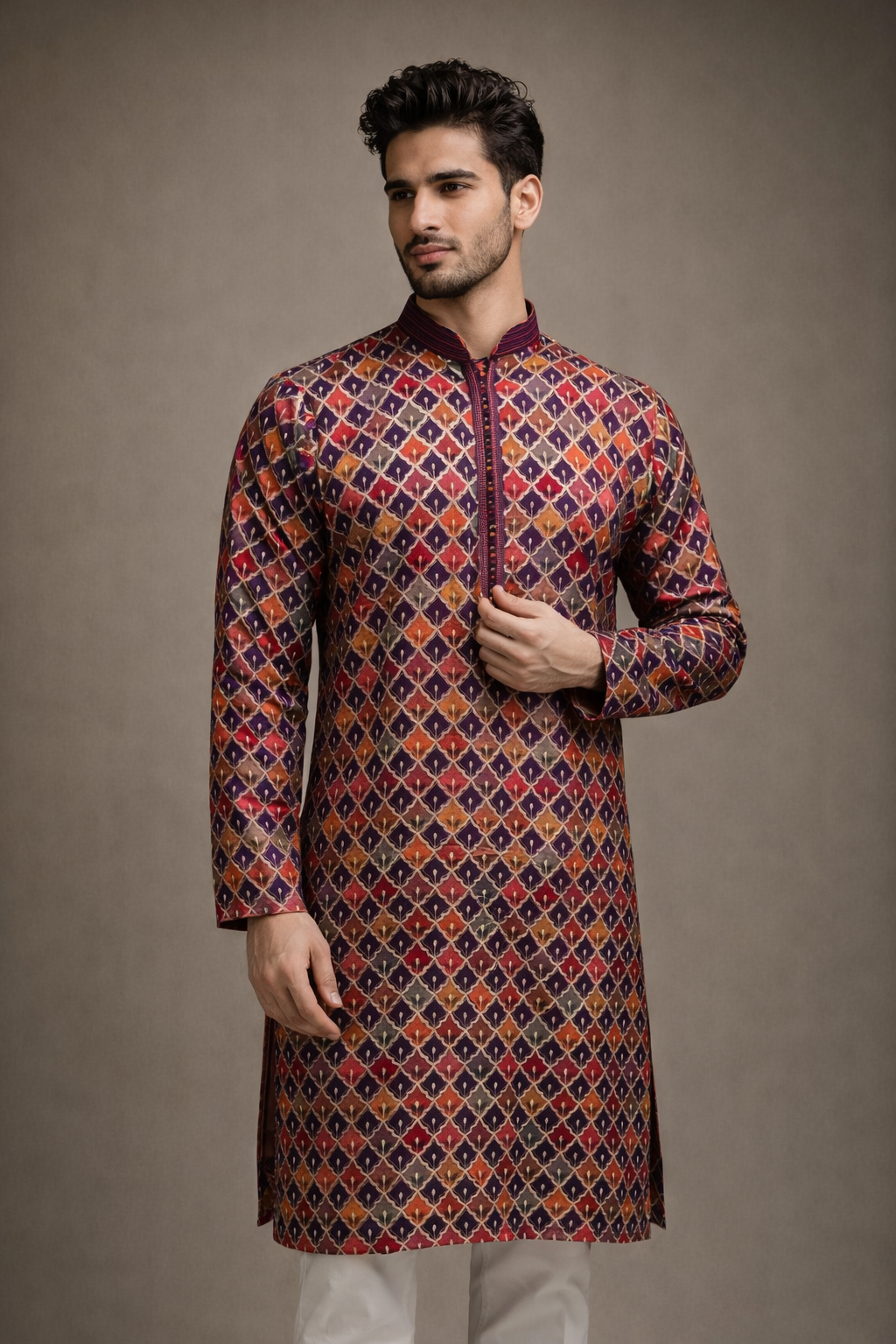 Maroon Wine and Rust Orange Geometric Embroidered Kurta Set