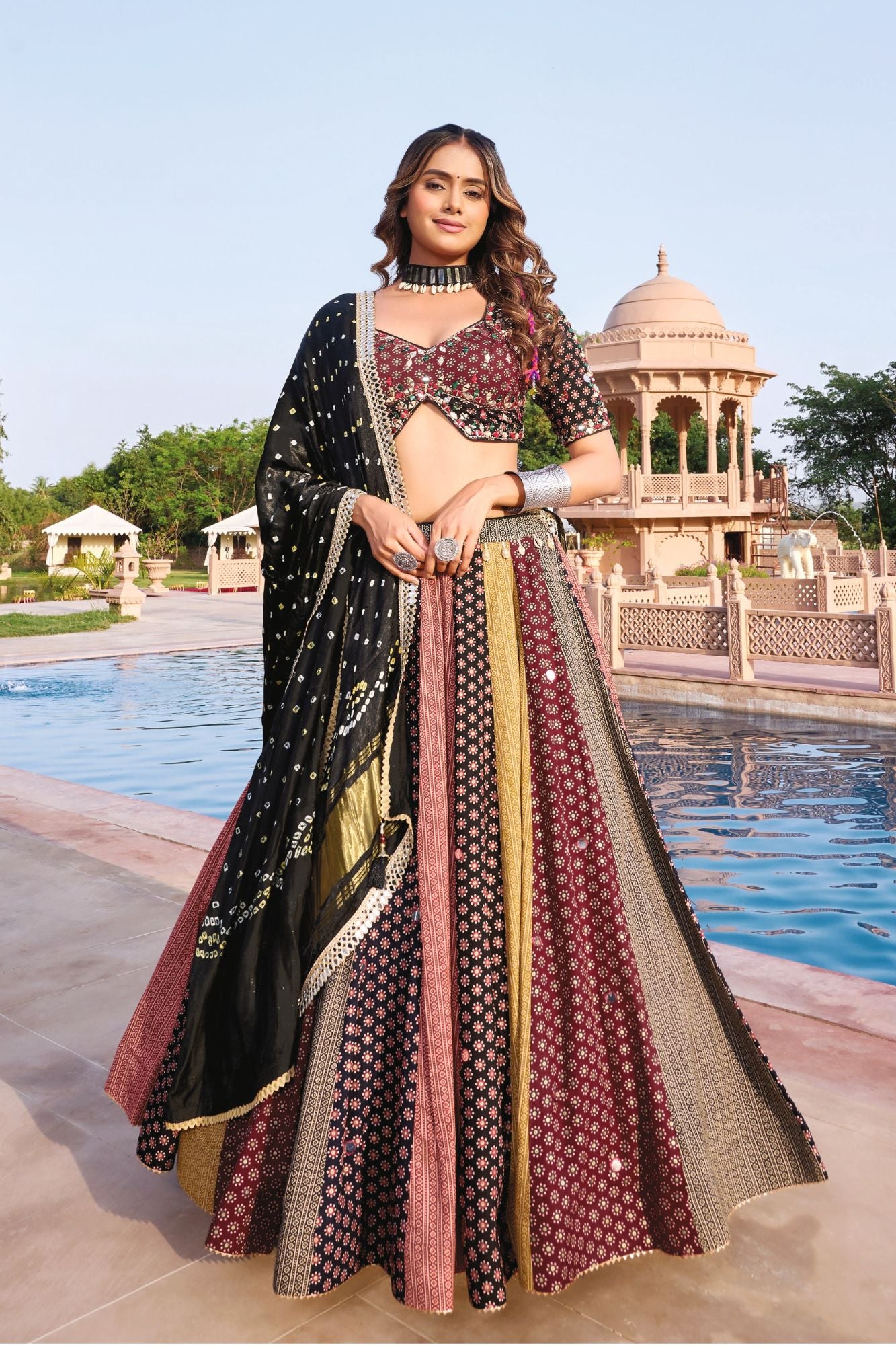 Maroon & Black Traditional Bandhani Print Navratri Chaniya Choli with Mirror Work Blouse