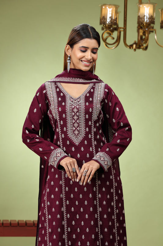 Maroon Embroidered Straight Kurta Set