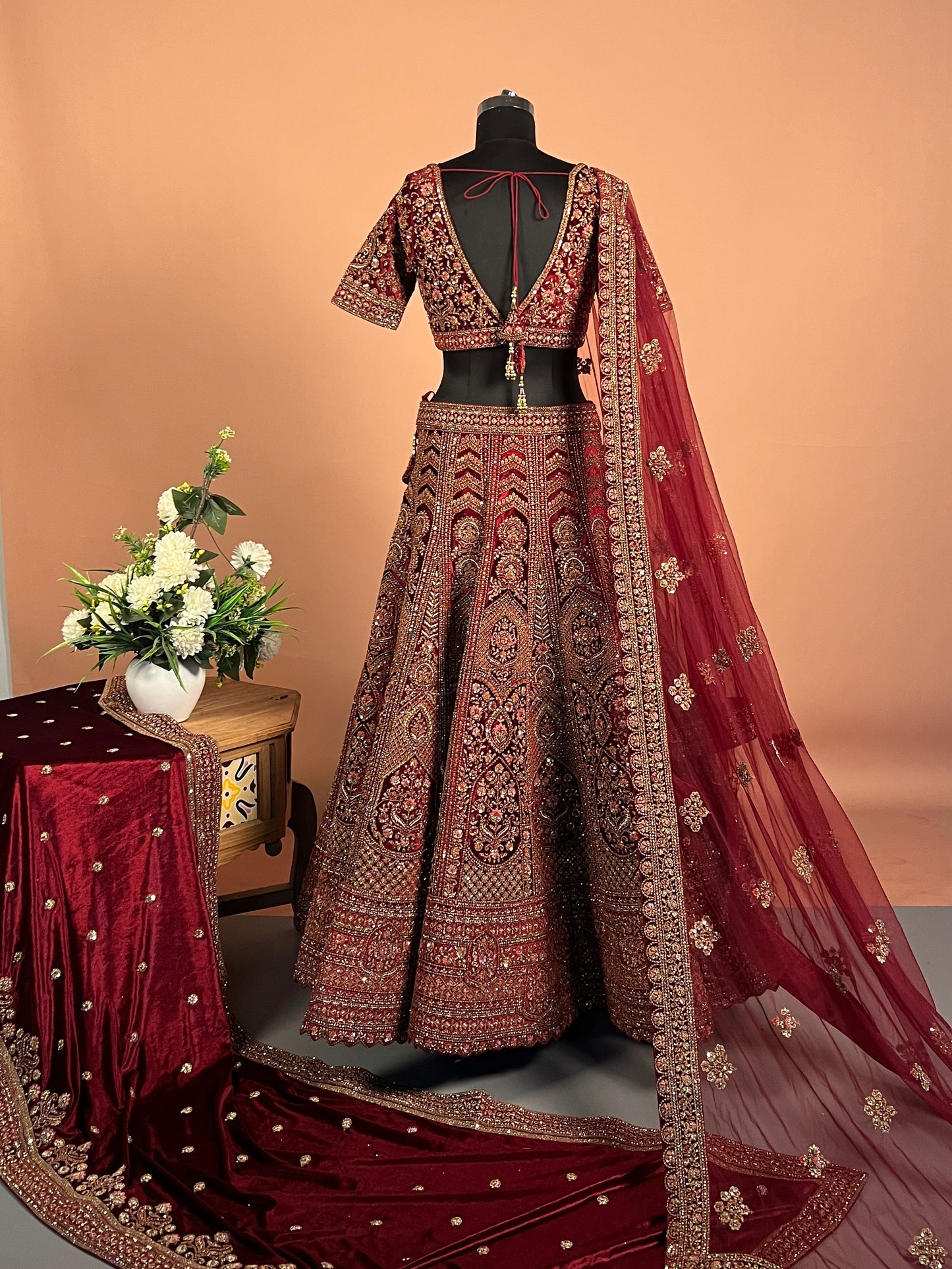 Maroon Heavily Embroidered Velvet Bridal Lehenga with Kashmiri Motifs