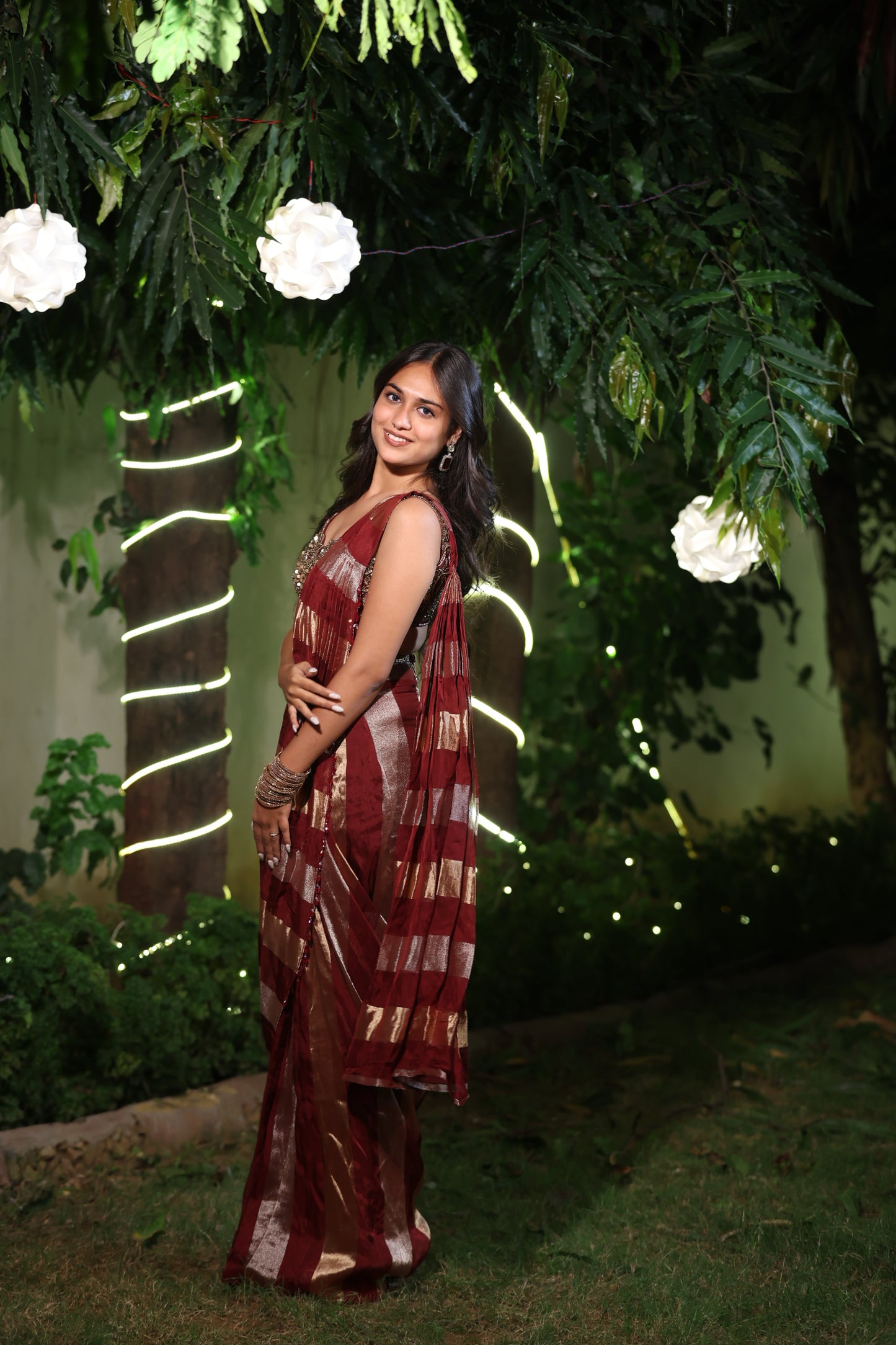 Maroon and Gold Striped Saree with Heavy Embroidered Blouse