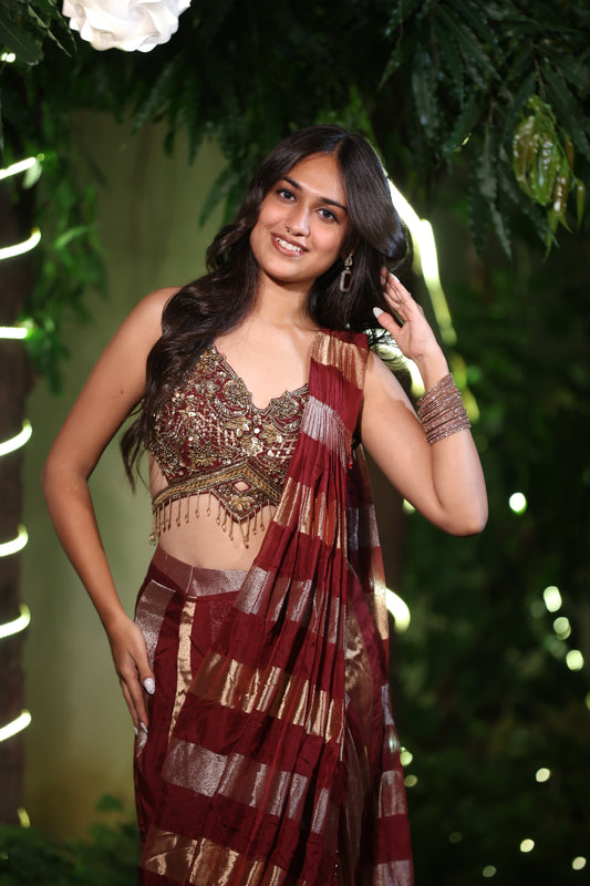 Maroon and Gold Striped Saree with Heavy Embroidered Blouse