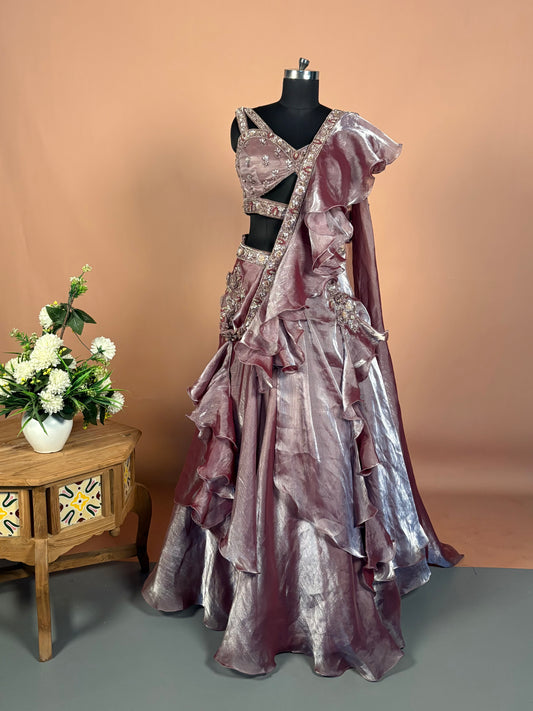 Mauve Metallic Ruffle Lehenga Set with Cutout Blouse