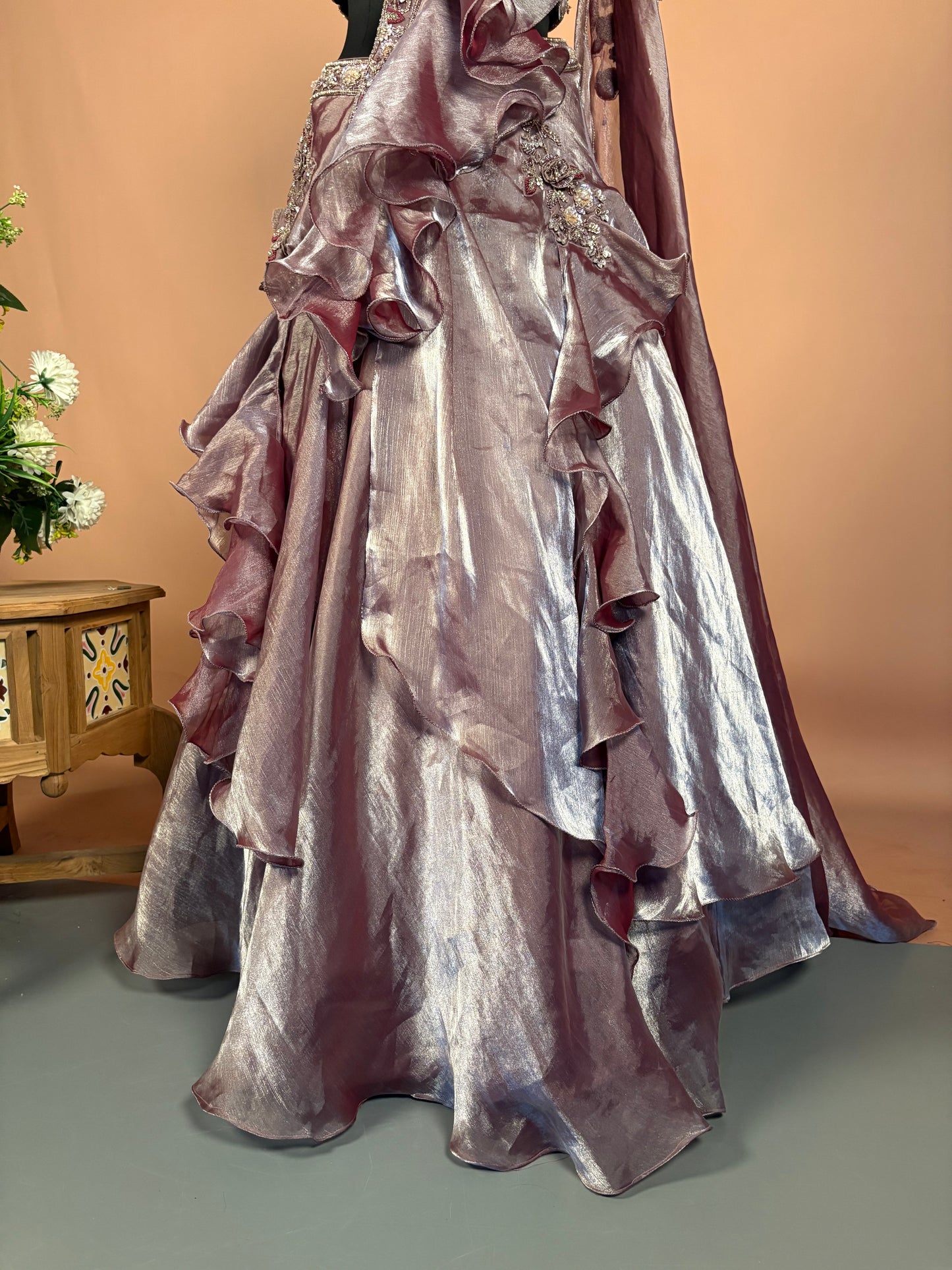Mauve Metallic Ruffle Lehenga Set with Cutout Blouse
