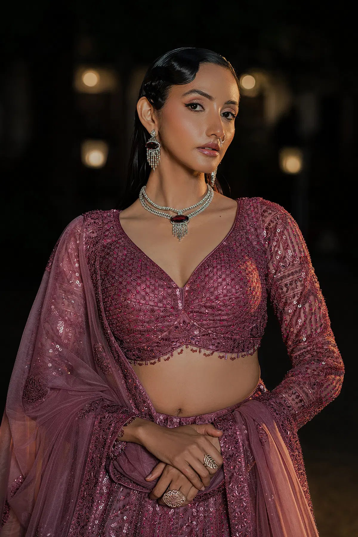 Mauve Purple Net Designer Lehenga with Sequins & Embroidery