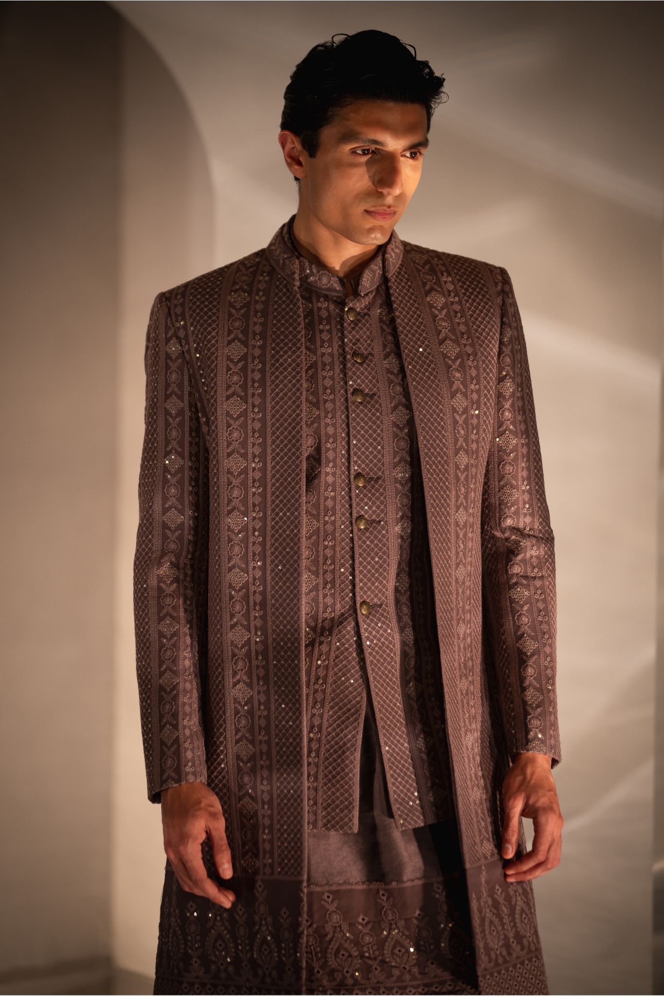 Mauve Threadwork Triple-Layered Indo-Western Ensemble