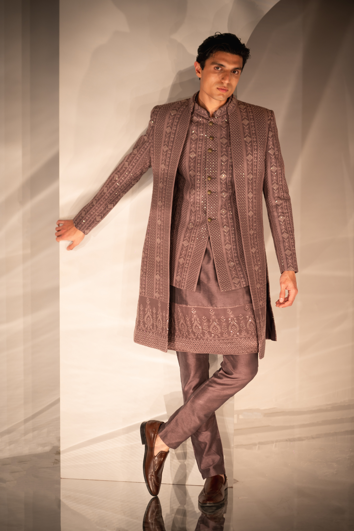 Mauve Threadwork Triple-Layered Indo-Western Ensemble