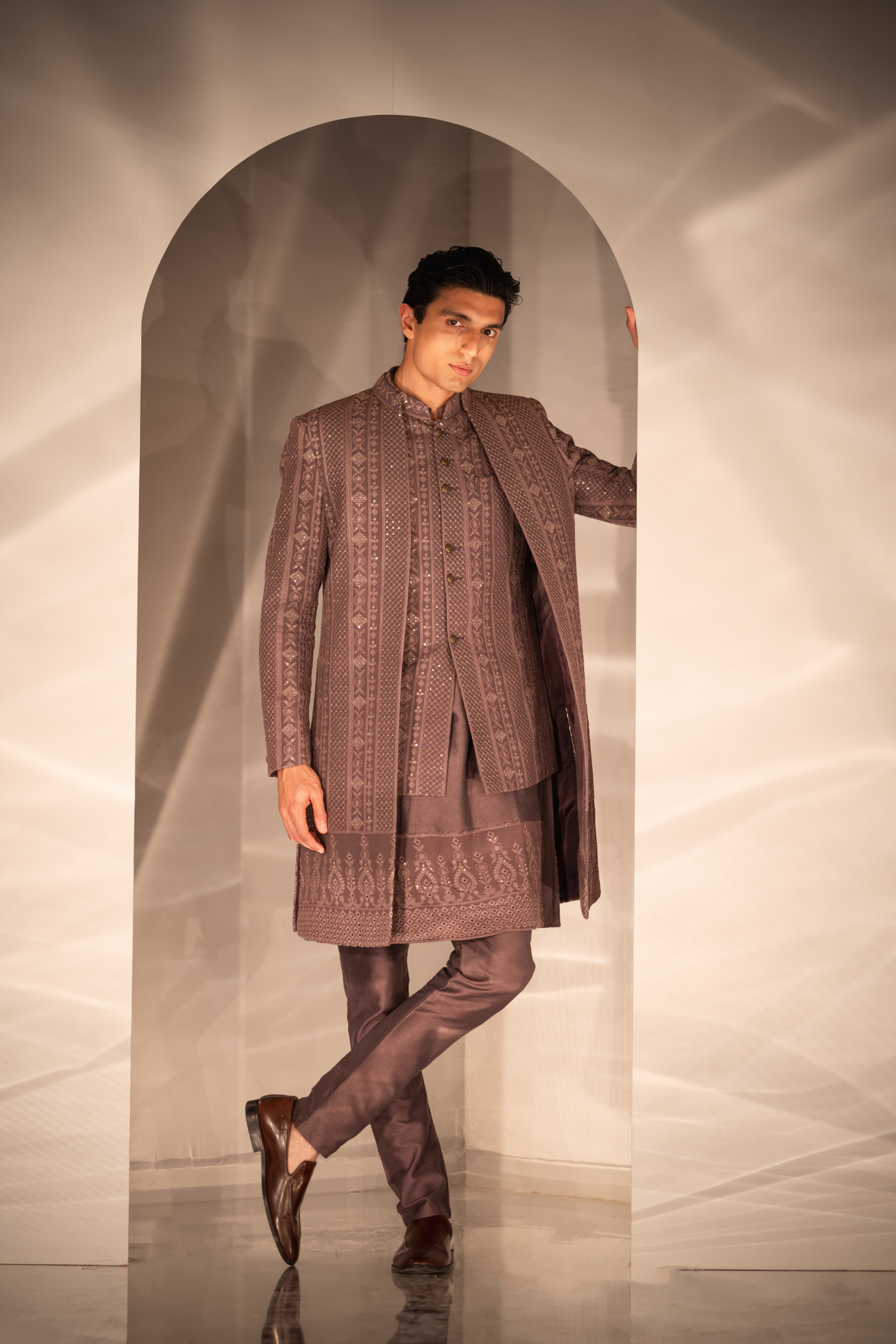 Mauve Threadwork Triple-Layered Indo-Western Ensemble