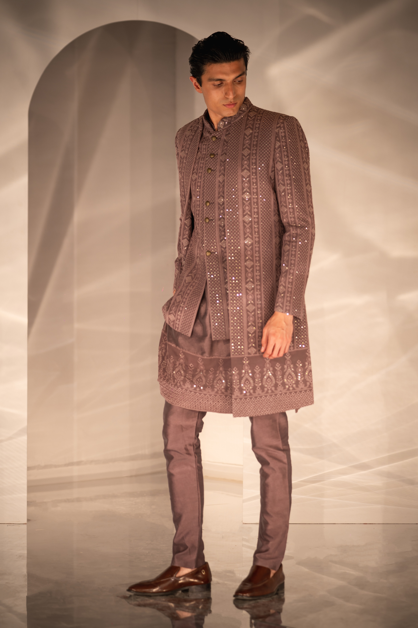 Mauve Threadwork Triple-Layered Indo-Western Ensemble