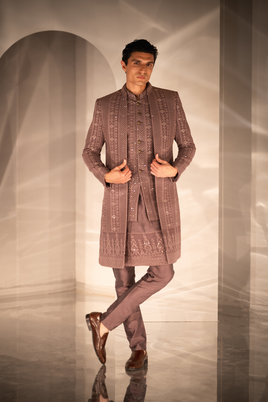 Mauve Threadwork Triple-Layered Indo-Western Ensemble