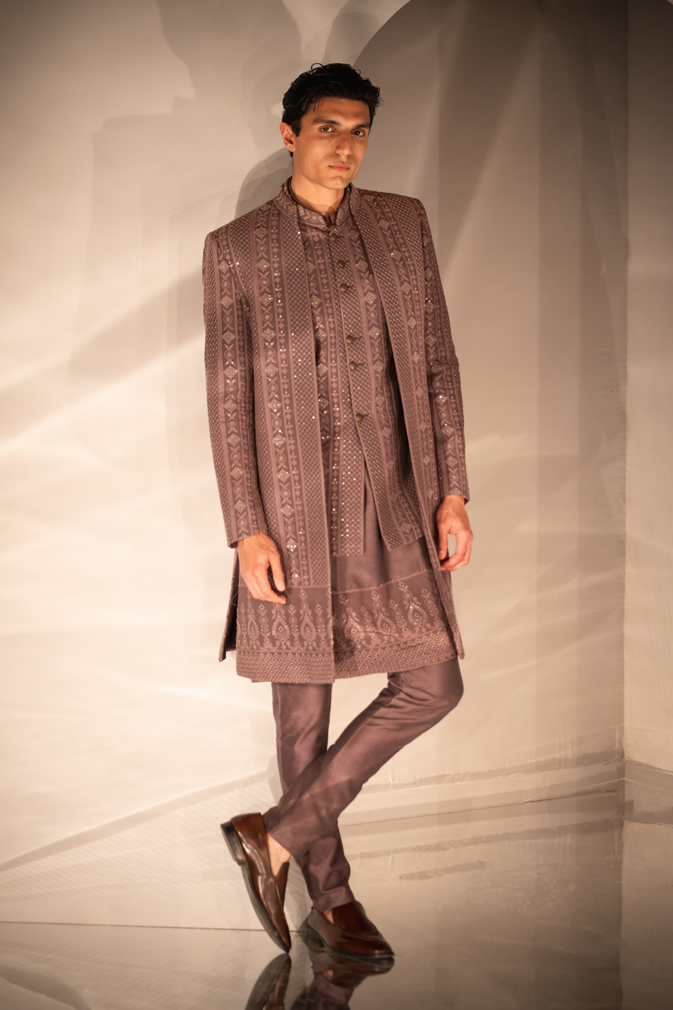 Mauve Threadwork Triple-Layered Indo-Western Ensemble