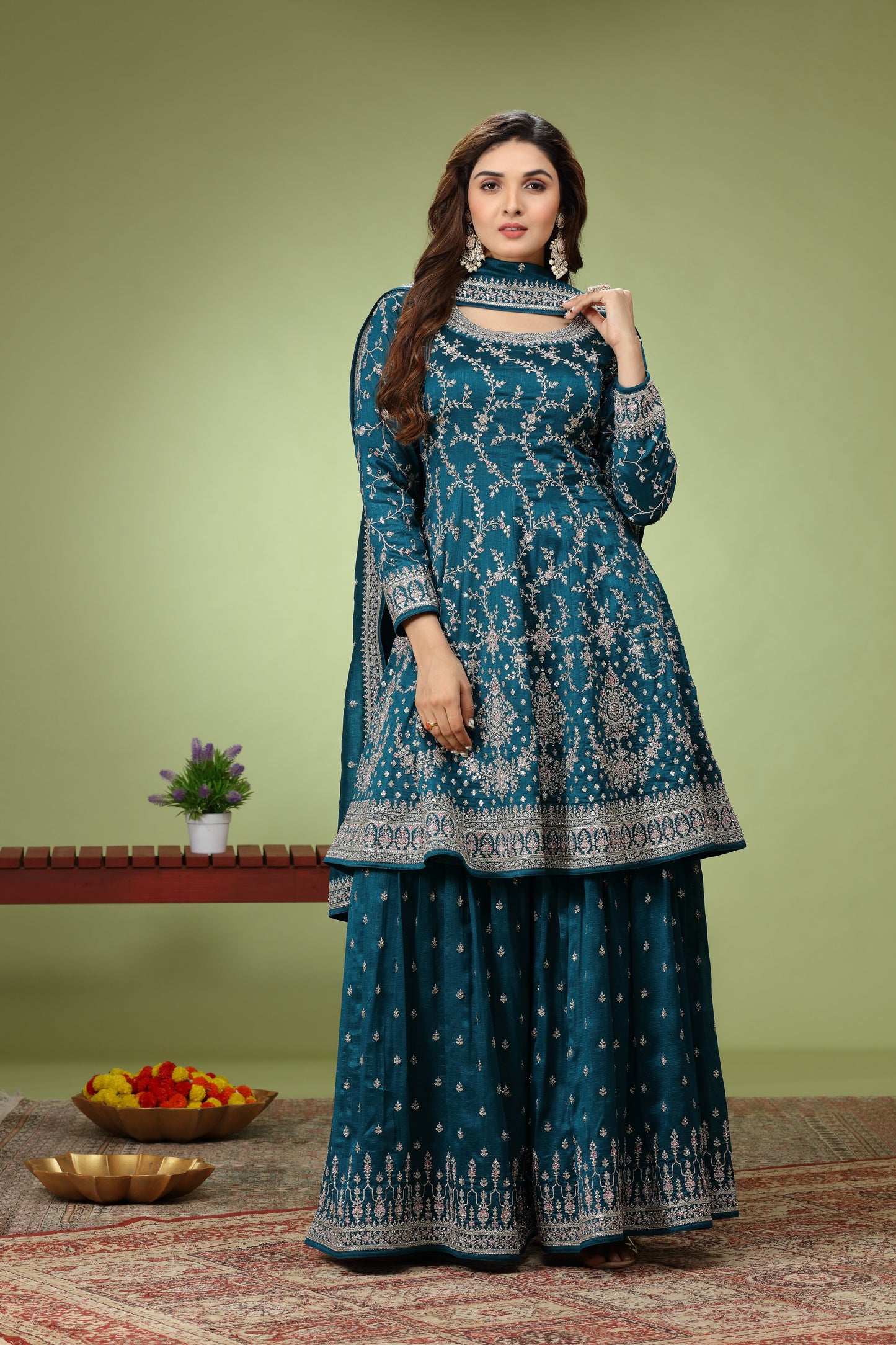 Mehndi Green Embroidered Patiala Kurti and Sharara set