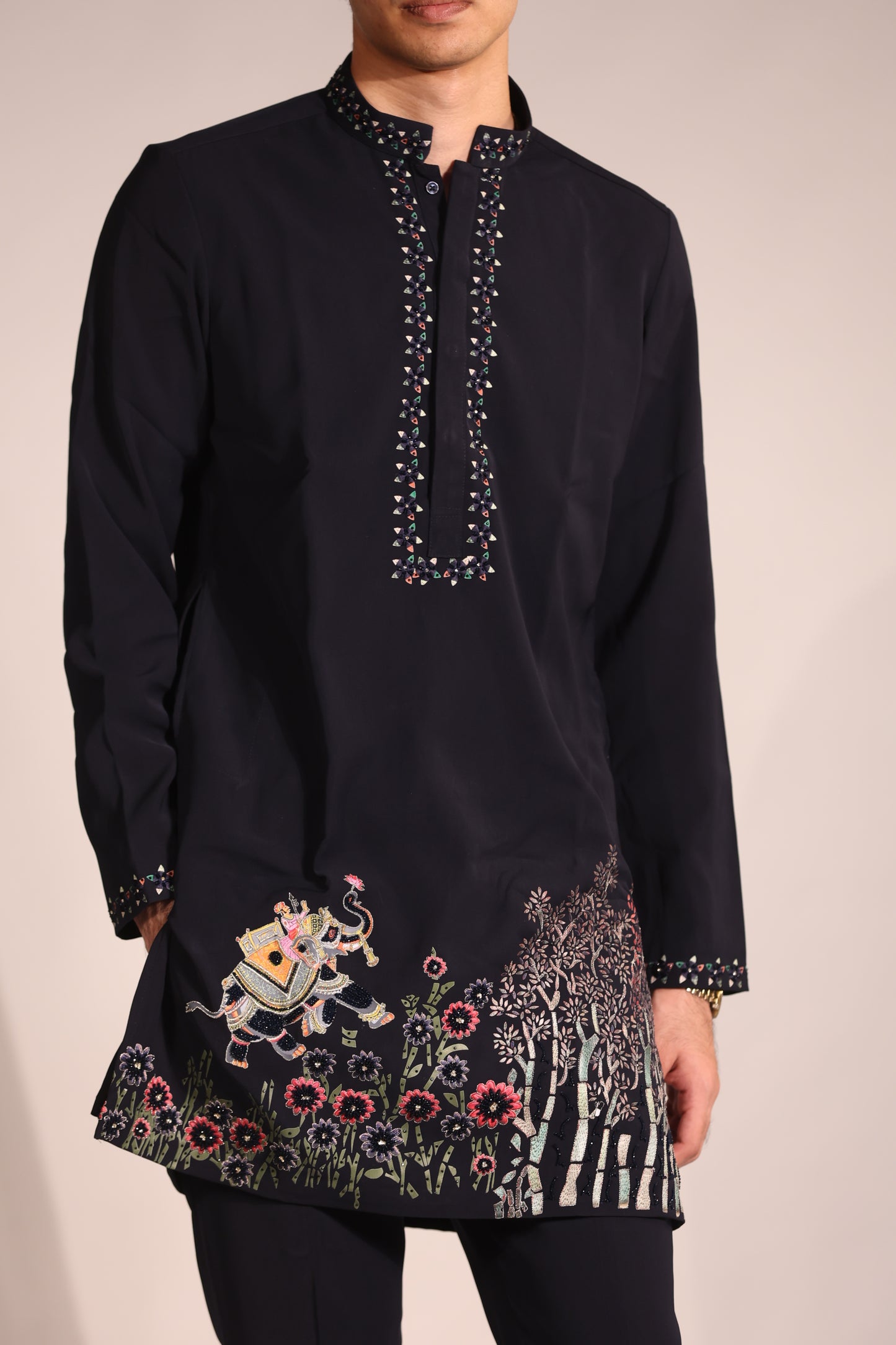 Midnight Blue Hand-Embroidered Indo-Western Set with Floral & Narrative Motif Detailing
