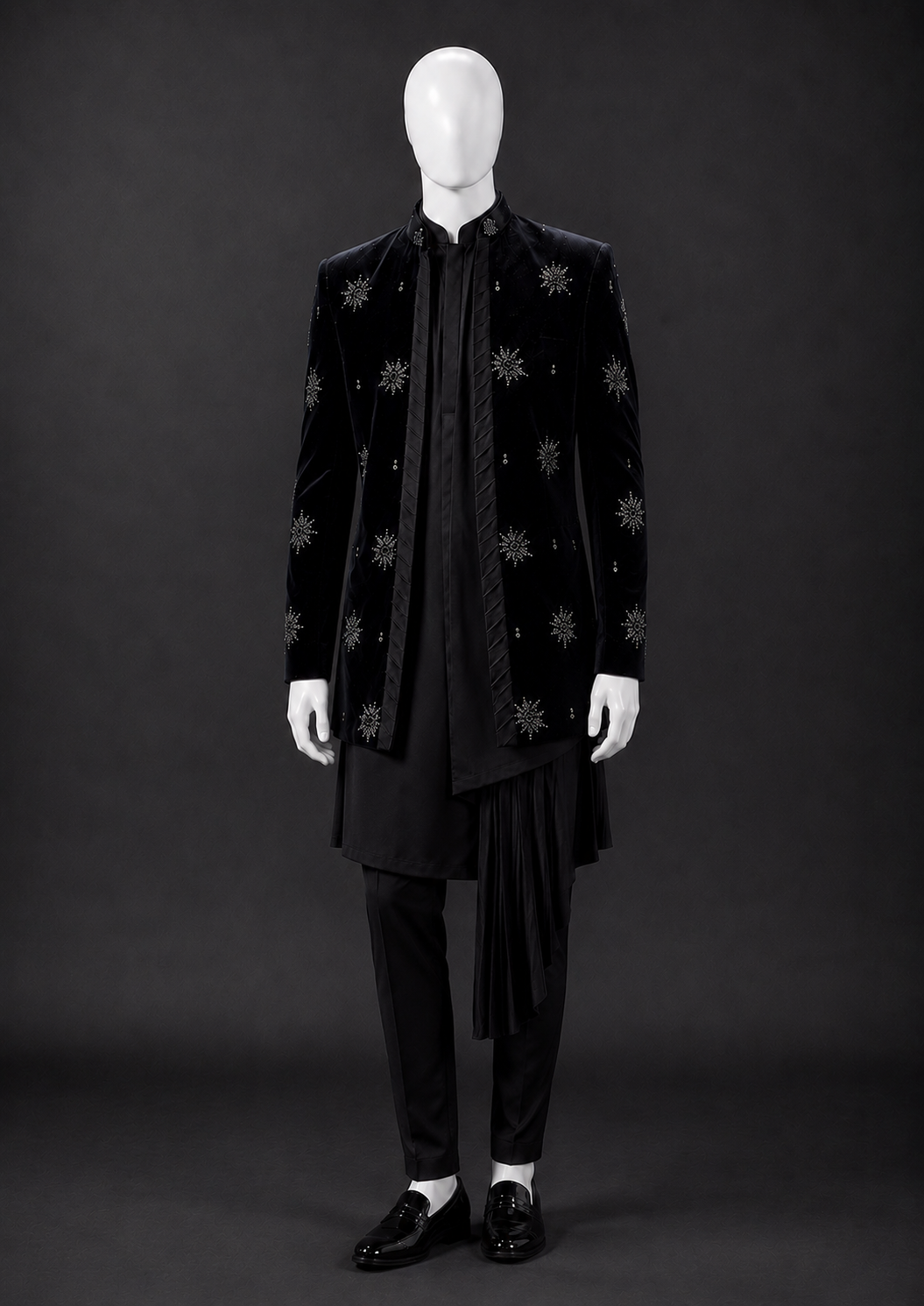 Midnight Black Velvet Embellished Indo Western Set