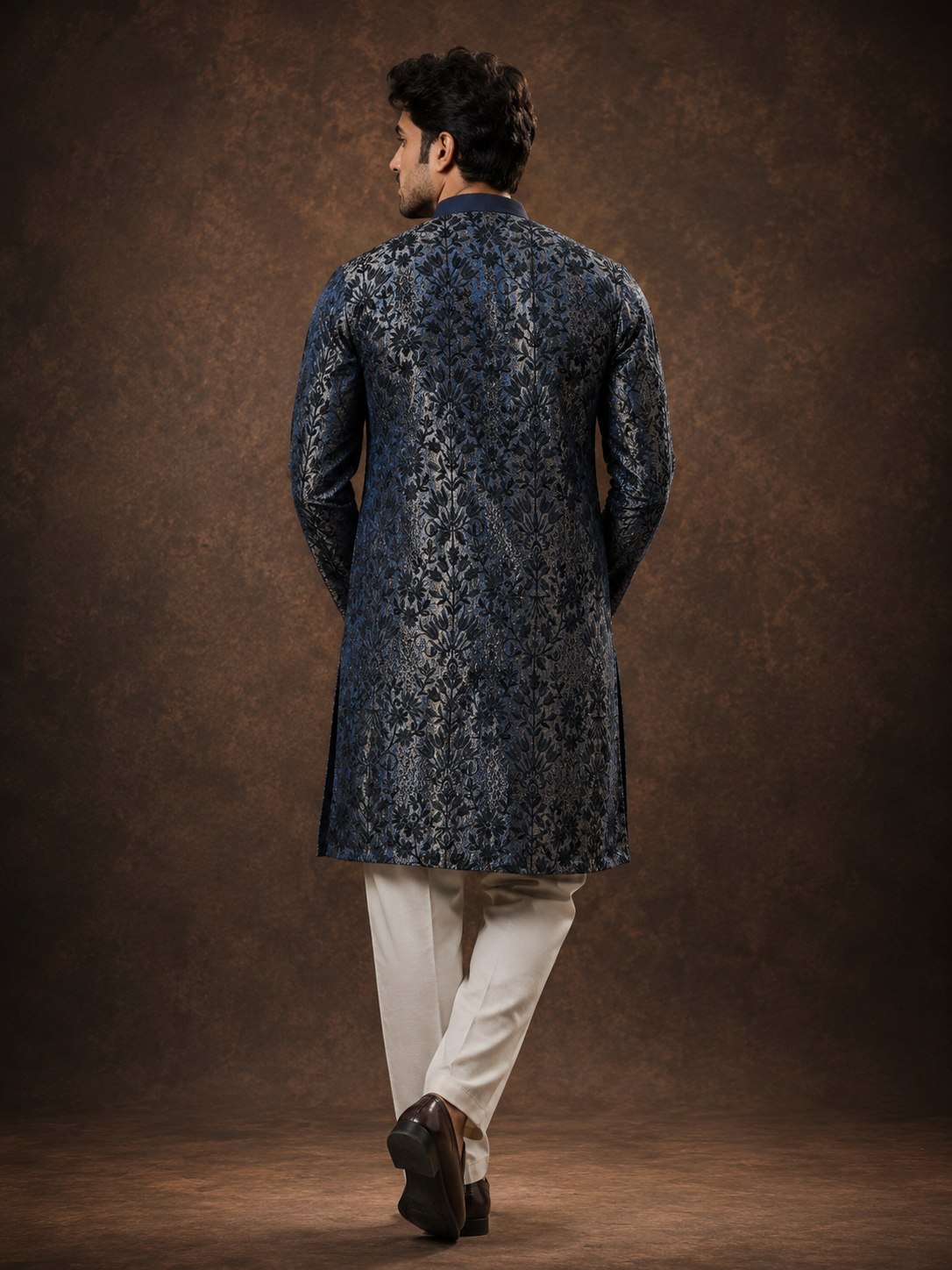 Midnight Blue Floral Jacquard Silk Blend Men’s Kurta with Woven Self Design