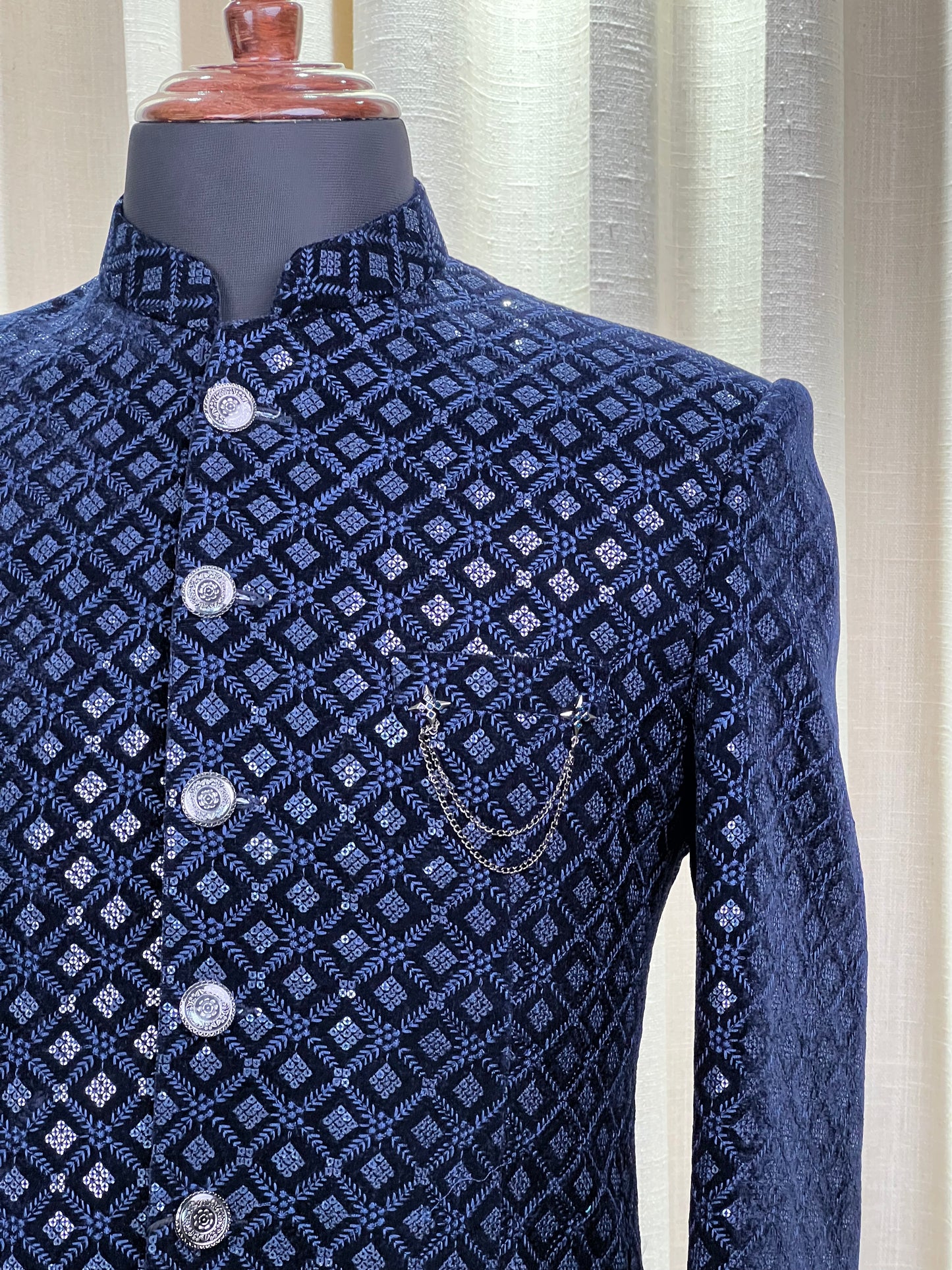 Midnight Blue Velvet Jodhpuri Suit with Silver Geometric Detailing