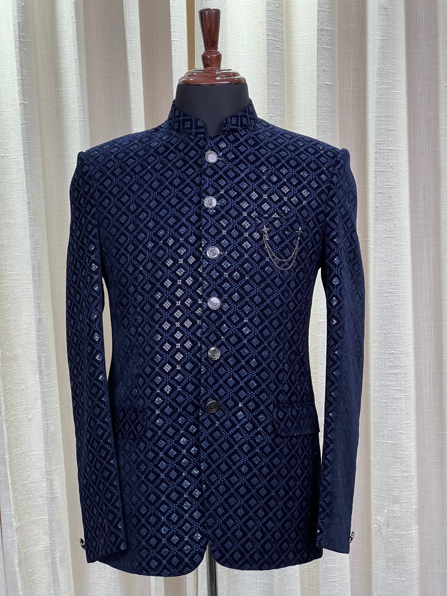 Midnight Blue Velvet Jodhpuri Suit with Silver Geometric Detailing