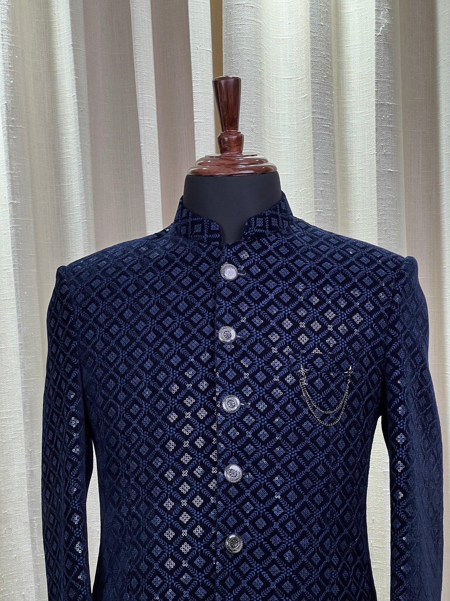Midnight Blue Velvet Jodhpuri Suit with Silver Geometric Detailing