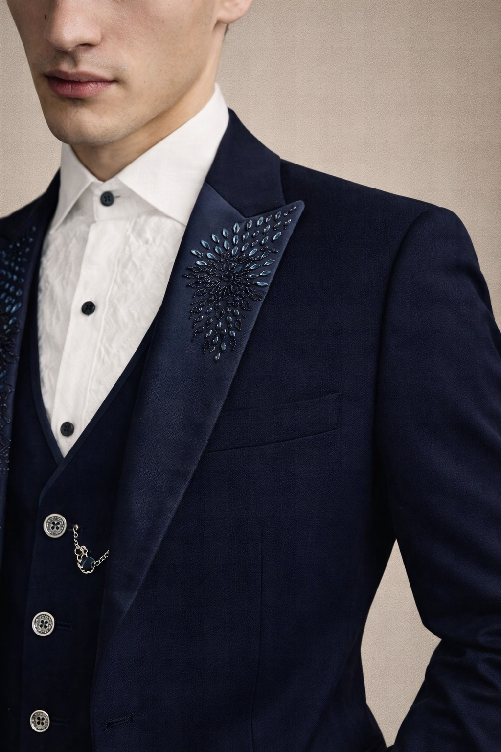 Midnight Navy Blue Embellished Designer Tuxedo Suit
