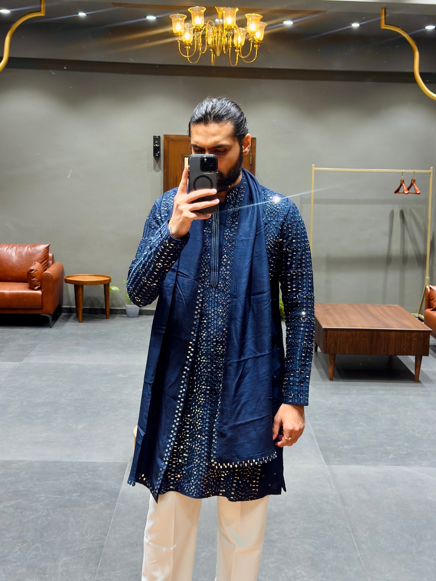 Midnight Navy Blue Mirror Work Kurta