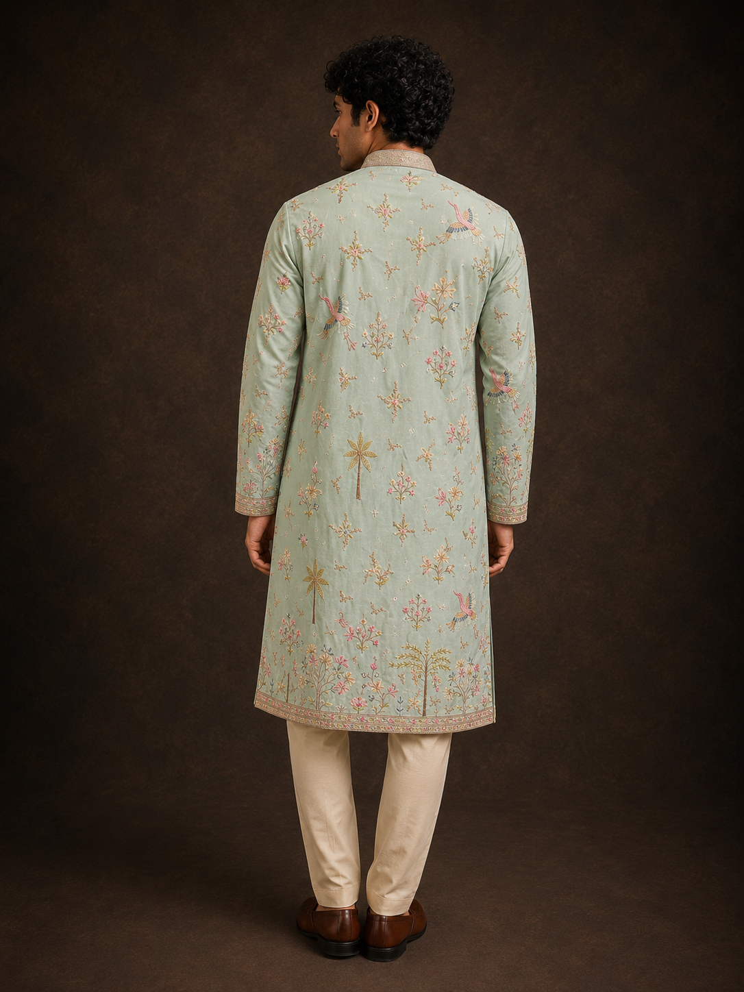 Mint Green Floral Bird Embroidered Cotton Silk Kurta