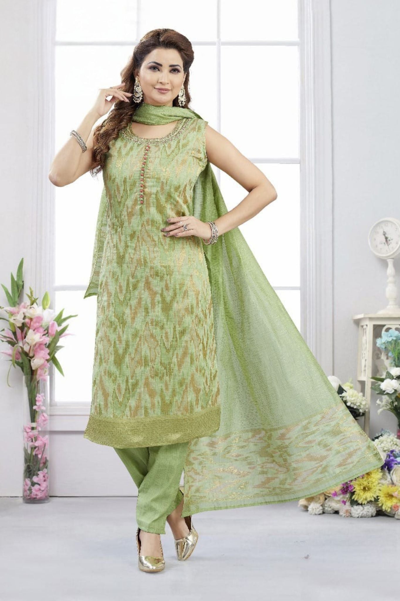 Mint Green Ikat Pattern Silk Blend Salwar Suit with Subtle Zari Dupatta