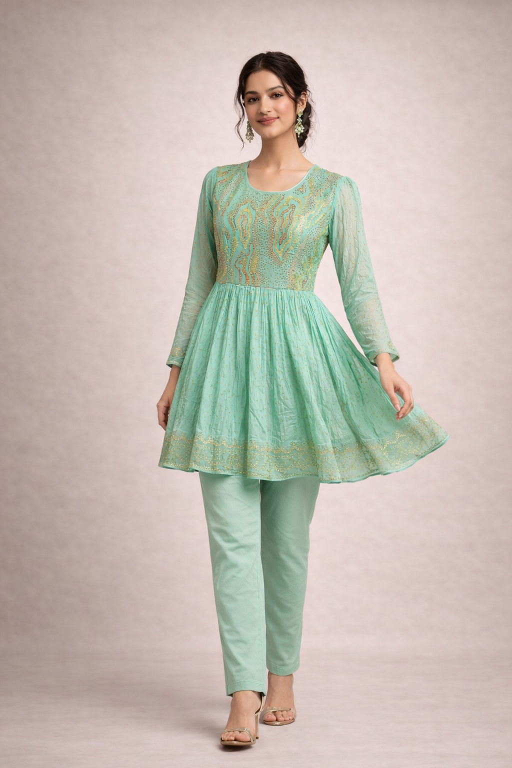 Mint Green and Gold Embroidered Short Kurti
