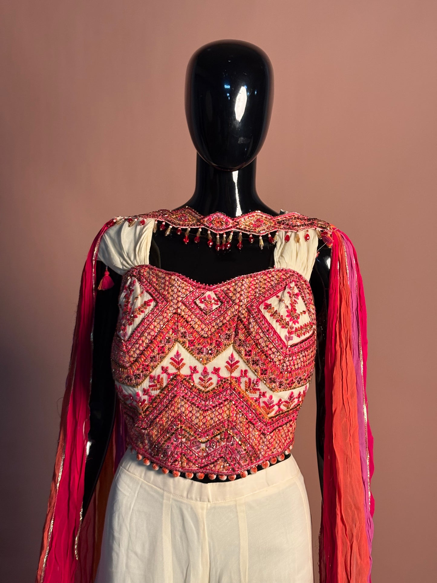 Multicolor Mirror Work Crop Top with Ivory Flared Palazzo & Tassel Sleeves