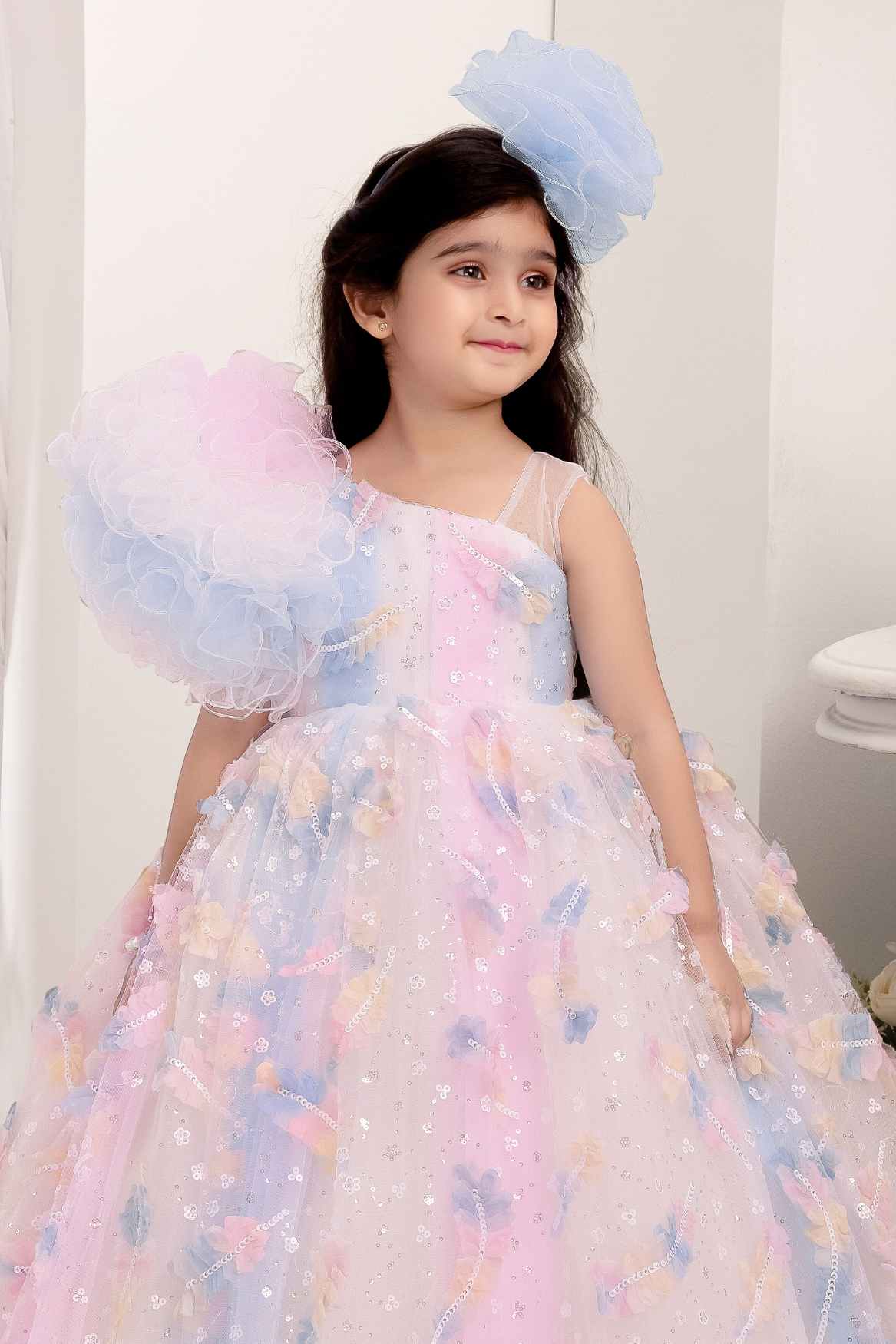 Multicolor Sequin Gown With Ruffled Asymmetric Sleeves
